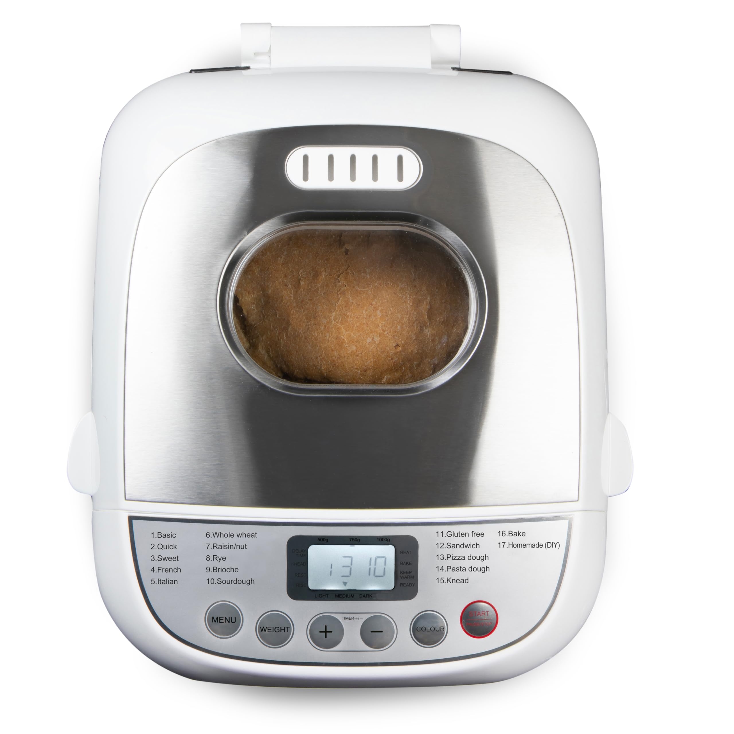 DOMO B3976 Machine à pain – 17 programmes de cuisson (dont Pizza et Sans gluten) – 3 tailles de pain (500 g, 750 g, 1000 g) – Sans PFAS – Avec minuterie – Écran LCD – Blanc