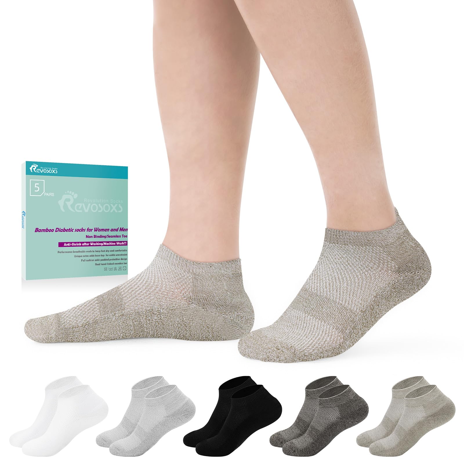 Revosoxs Diabetic Bamboo Socks for Men and Women,5 Pairs Non-Binding Low Cut Diabetic Socks,Loose Socks Size 5-13