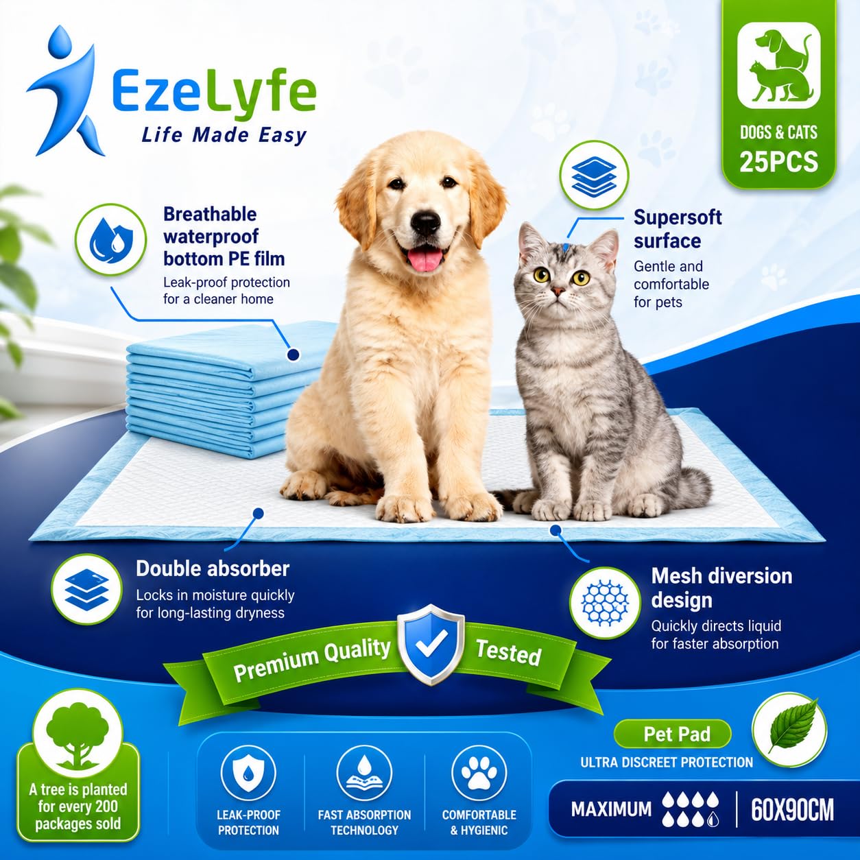Dog Training Pads 60 x 90cm - Extra Large Puppy Pads, Super Absorbent Leakproof Wee Pads, Disposable Pet Toilet Training Mats, Non Toxic 5 Layer Pads for Dogs, Puppies & Cats (Pack of 75)