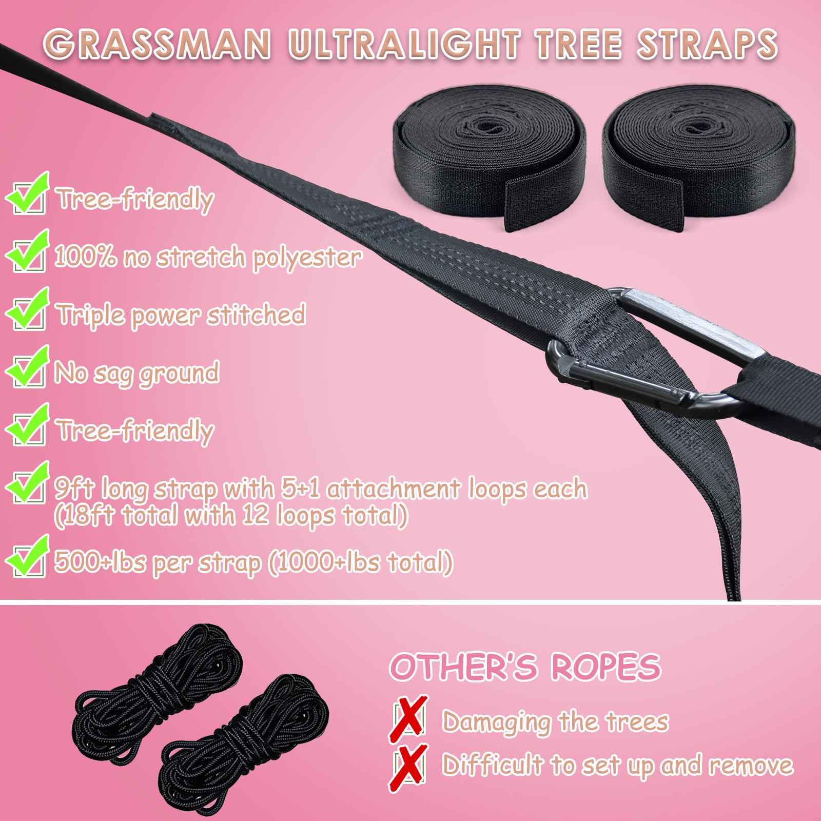GRASSMAN Hamaca para niños, hamacas de camping pequeñas, equipo de camping portátil para uso en interiores y exteriores, con correas de árbol y mosquetones, rosa y azul