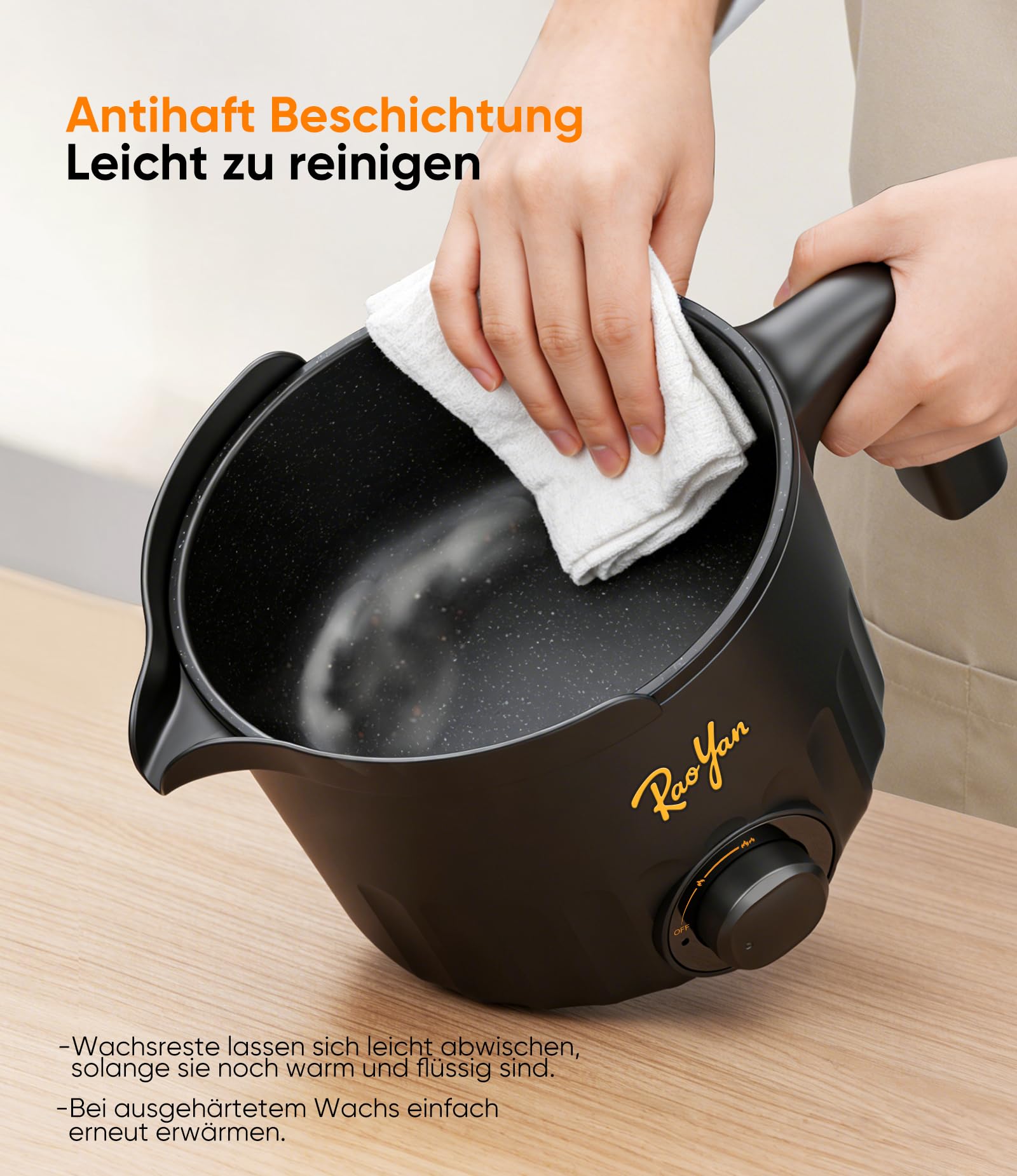 RAOYAN Wachsschmelzer mit Ausgießer 1,5L – Kerzen selber machen Set für Anfänger & Erwachsene, inkl. Wachsschmelztopf, Rührlöffel, Thermometer, Dochte, Aufkleber & Zentriervorrichtung - Schwarz