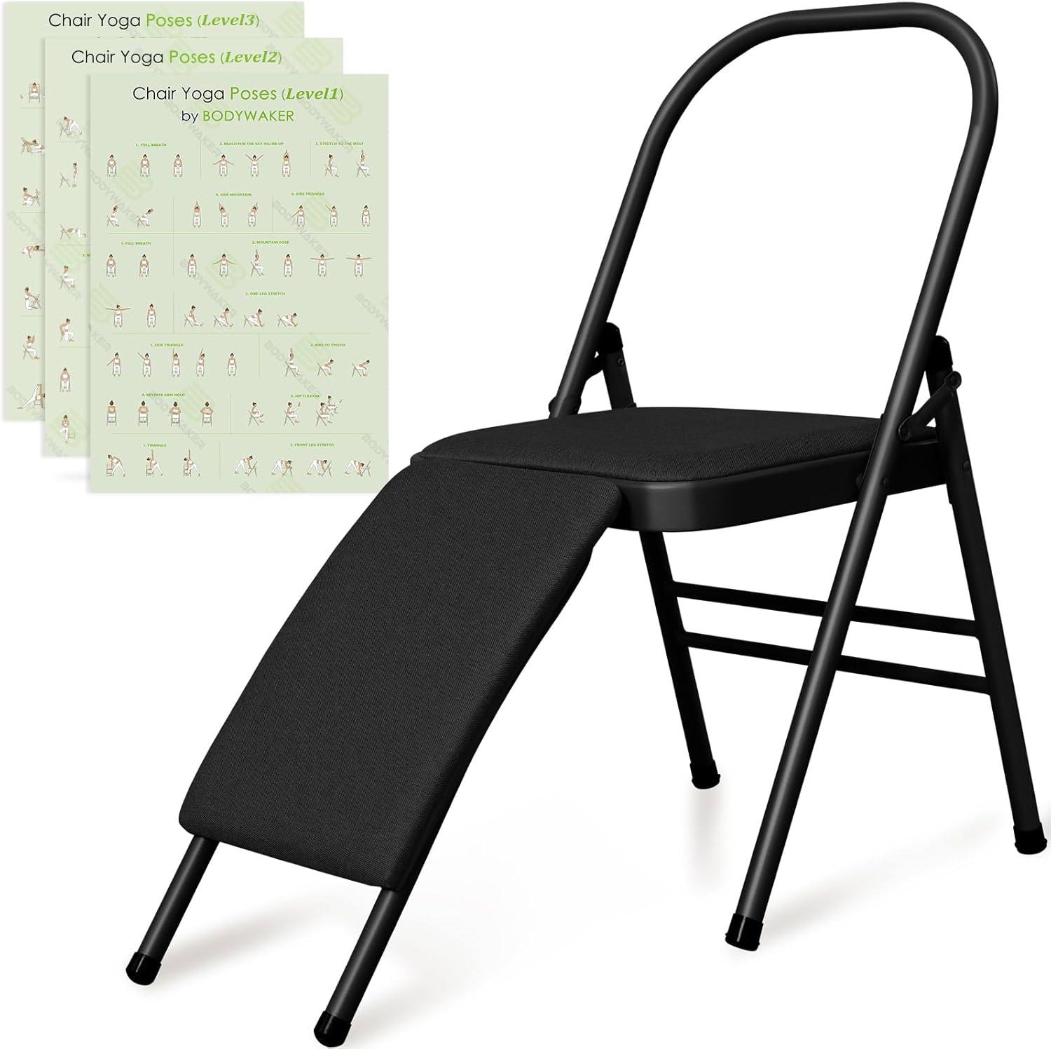 Foldable Yoga Auxiliary Chair with 3 Training Guide Posters for Versatile Exercises, Yoga Assist Handstand Chair with Detachable Lumbar Back Support for Stretching, Balance Training. (Black)