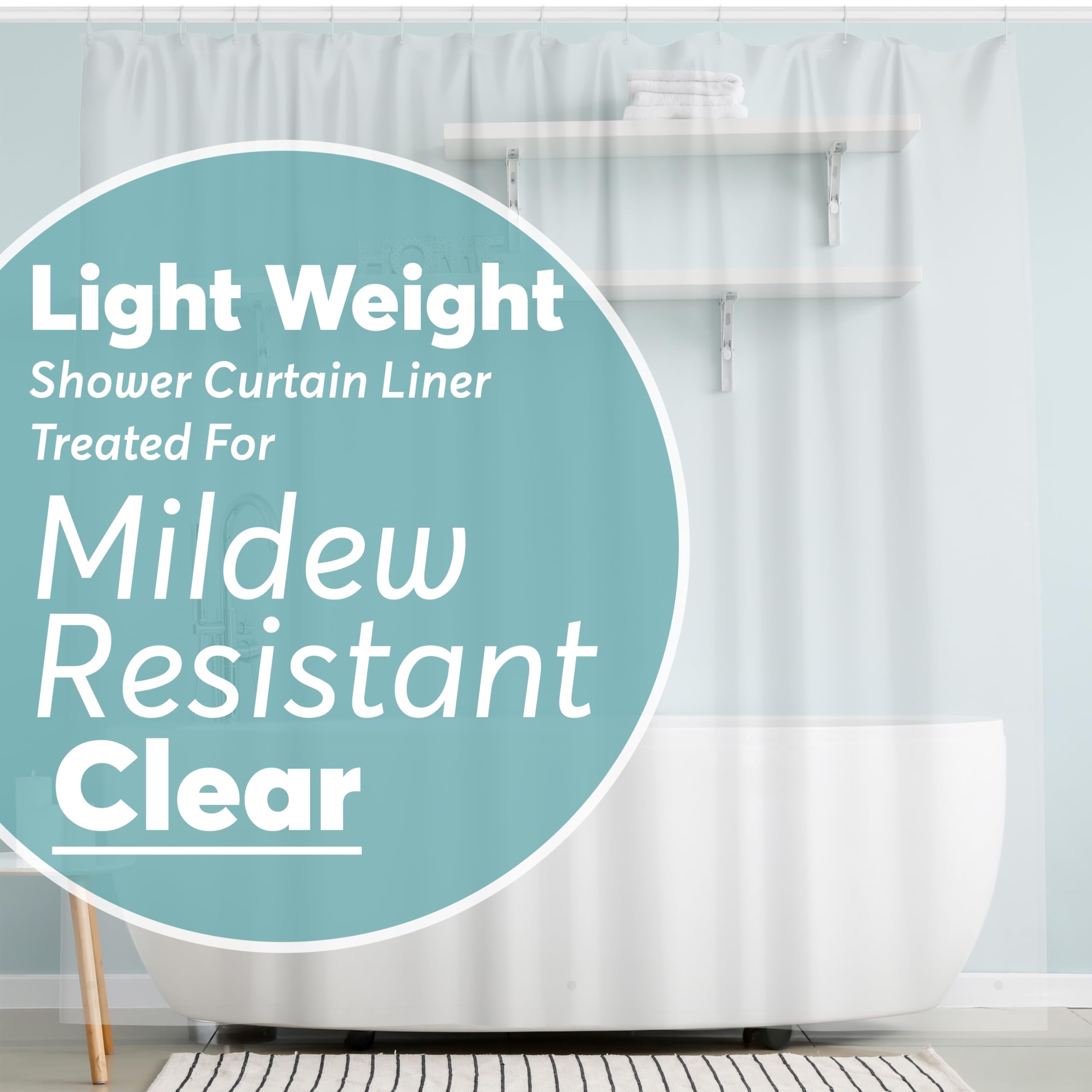BigFoot Shower Curtain Liner – 72 x 72 PEVA Light Weight Shower Curtain with 12 Rustproof Metal Grommet and 3 Magnetic Weights – Odor Free and Compatible with Standard Showers, Clear