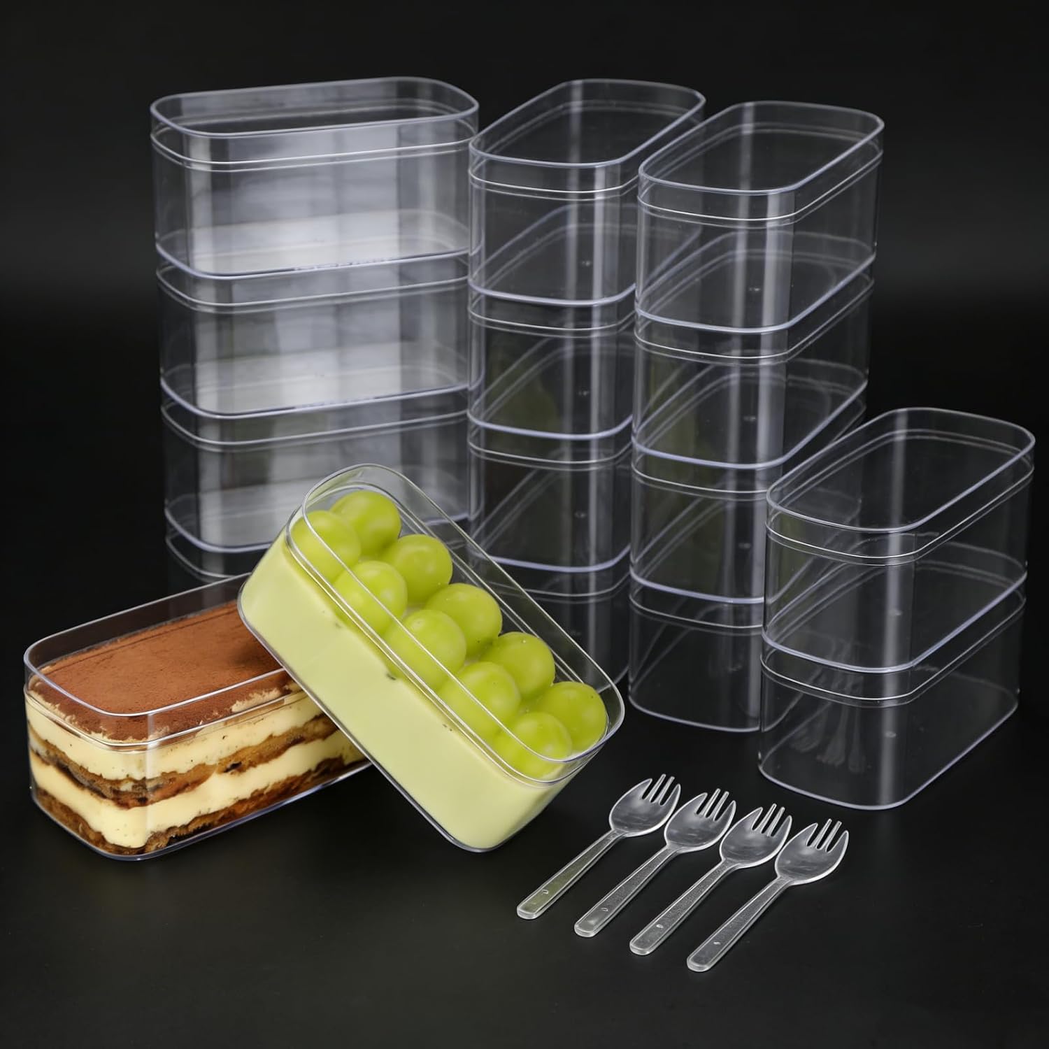 12 Pack 10OZ Clear Plastic Dessert Cups with Lids and Sporks, Rectangle Reusable Dessert Containers, 4.7 x 2.4 x 2 Inch Food Bowls for Tiramisu, Mousse, Pudding, Fruit
