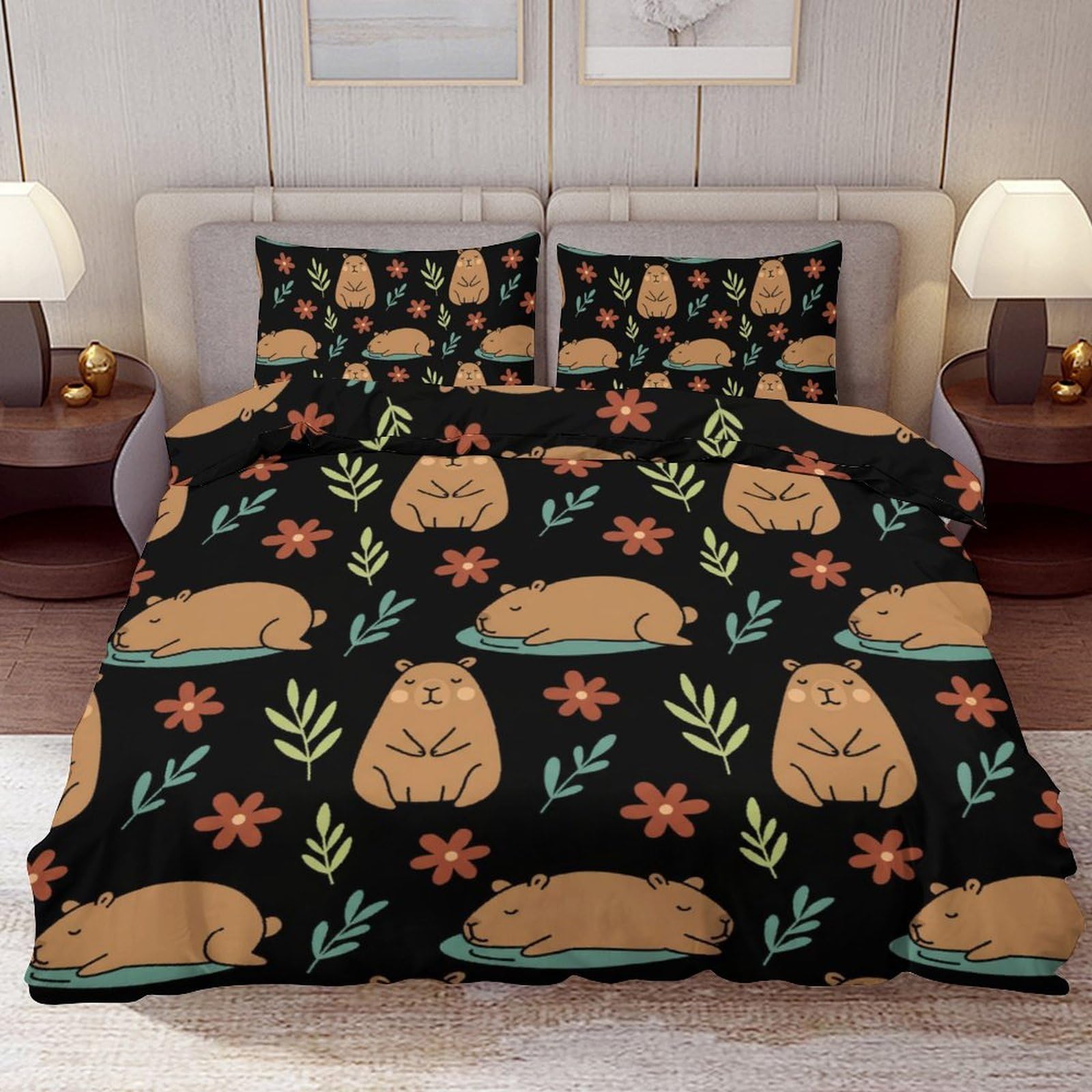 Delerain Comforter Cover Set Queen Size, Cute Cartoon Capybara 3-Piece Bedding Set for Women Men Modern Soft Microfiber Bedroom Set Room Decor, 1 Duvet Cover + 2 Pillowcases
