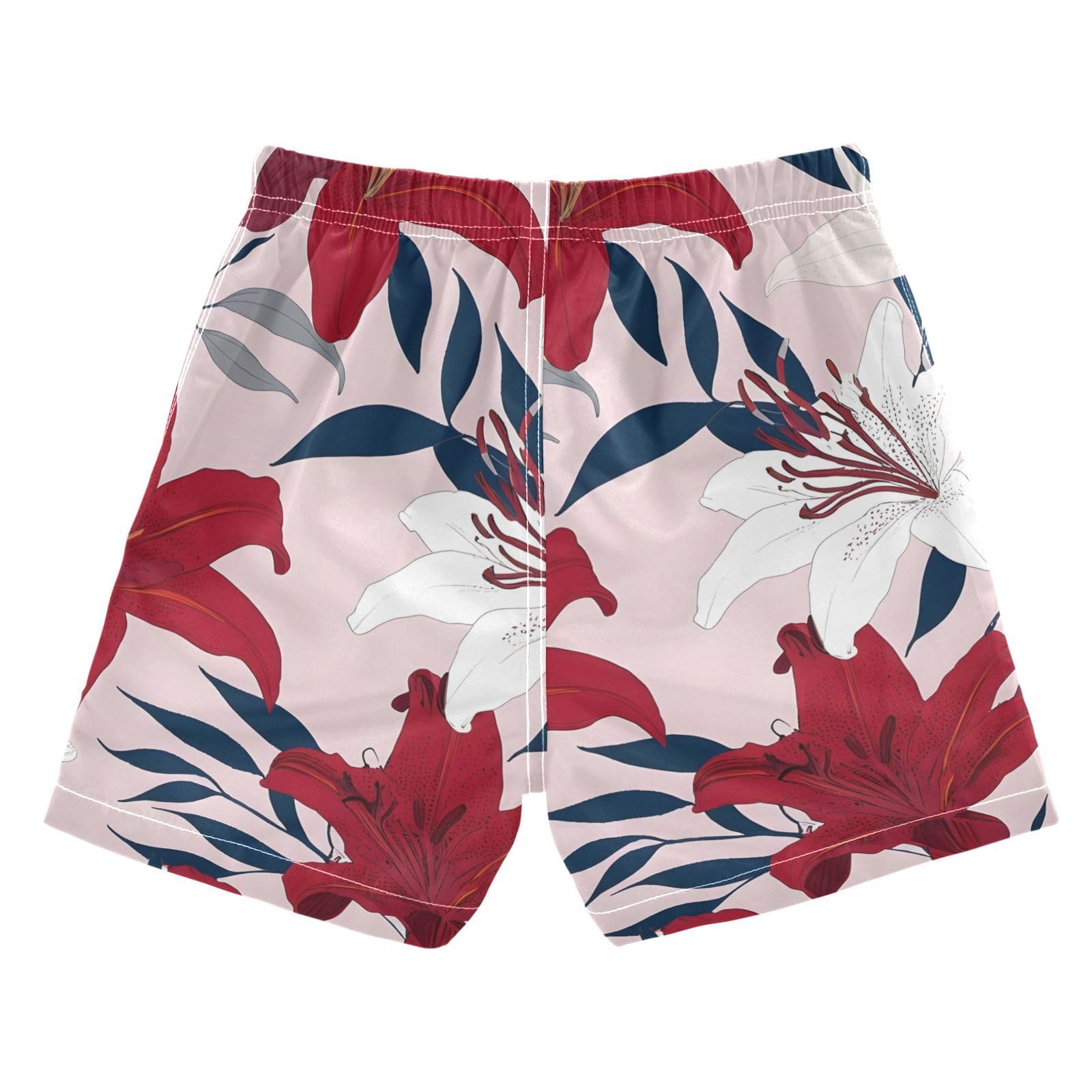 FLildon Hawaiian Floral Red White Little Boys Swim Trunks with Mesh Lining Quick Dry Beach Board Shorts, 3T