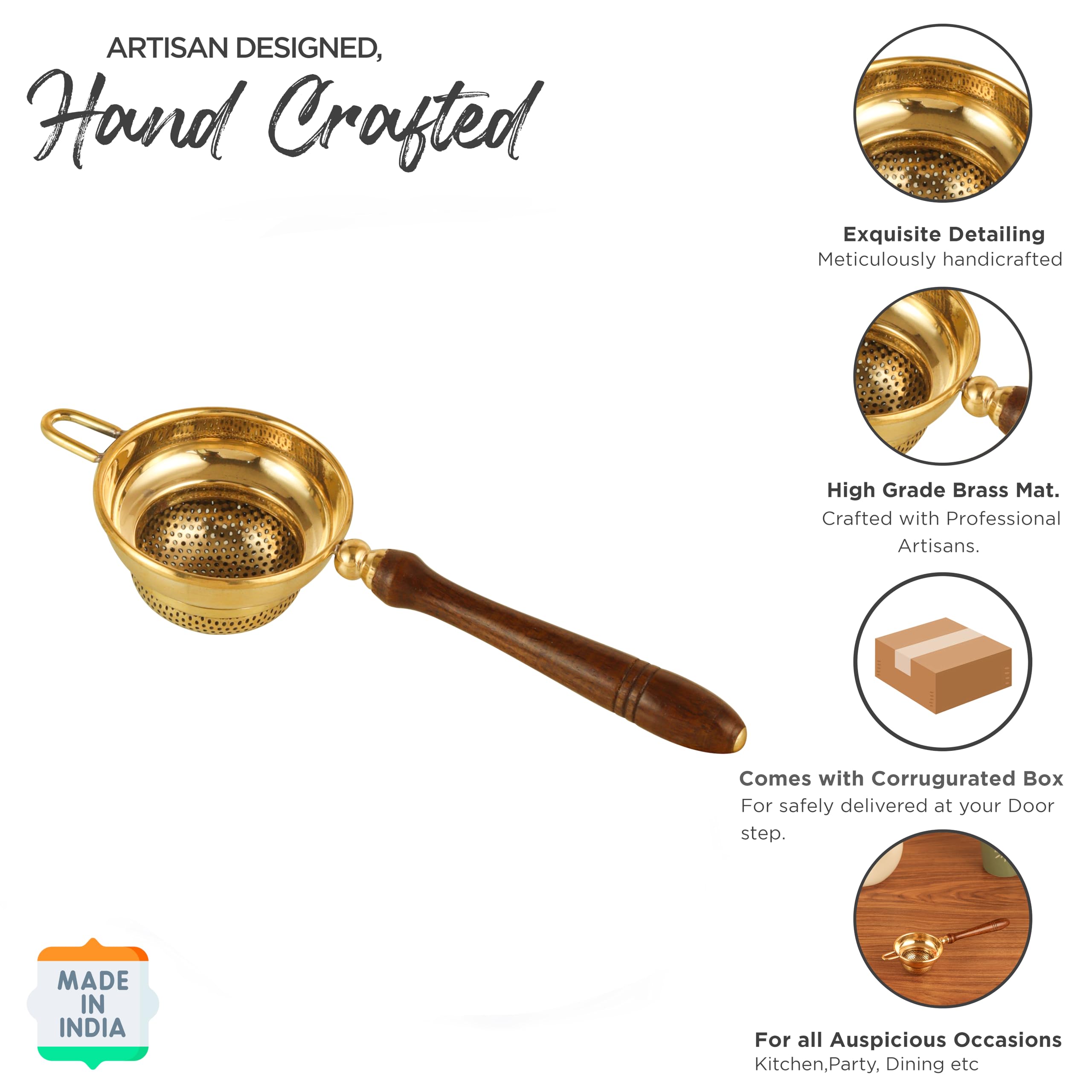 Handcrafted Brass Tea Strainer - Fine Mesh & Handle -5