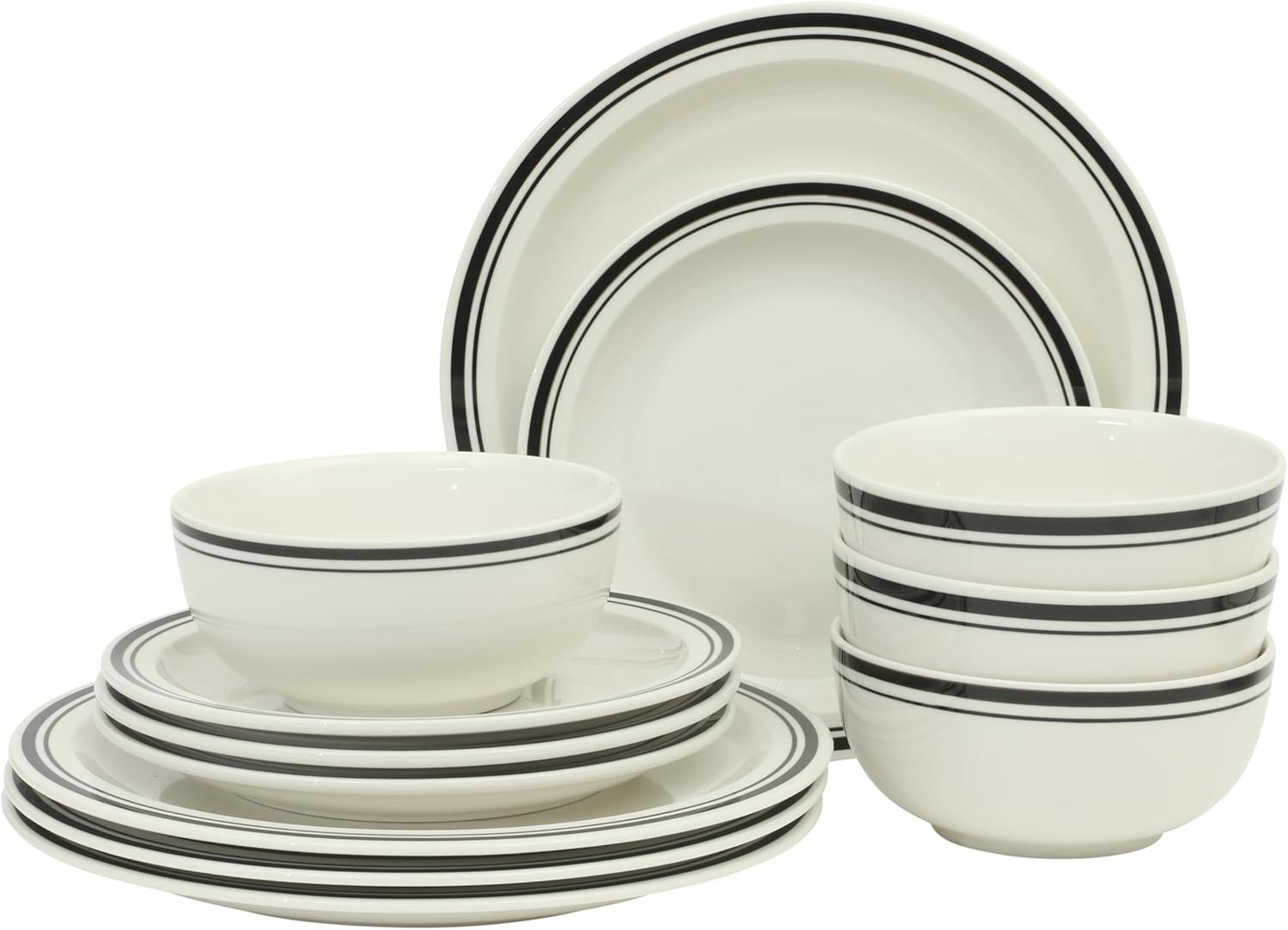 Gibson Home Hometown Diner 12-Piece Porcelain Dinnerware Set, Round Plates and Bowls Set for 4, White with Black Rim, Dishwasher Safe – Dinner Plate, Salad Plate & Cereal Bowl