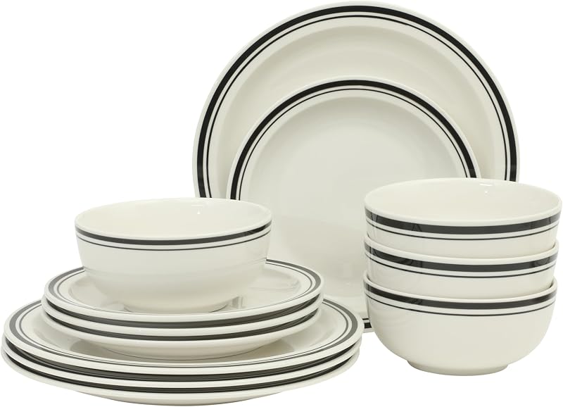 Gibson Home Hometown Diner Juego de vajilla de porcelana de 12 piezas, juego de platos y cuencos redondos para 4, blanco con borde negro, apto para lavavajillas - Plato llano, plato de ensalada y cuenco de cereales