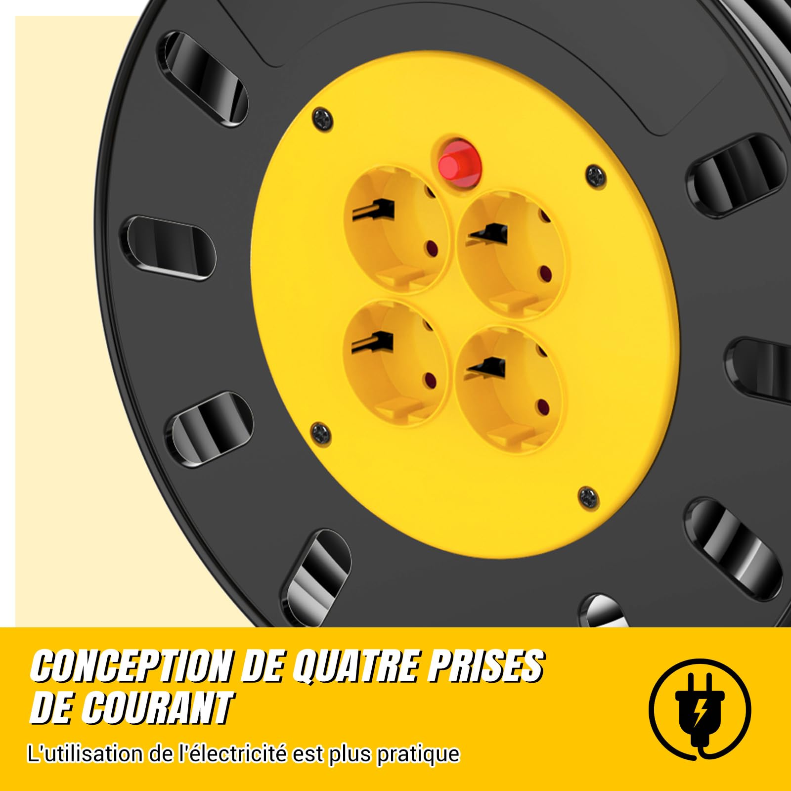 Rallonge électrique extérieure robuste, enrouleur de câble de 25 m, enrouleur à 4 prises avec protection thermique, prise UE 13 A, idéale pour les tondeuses à gazon et les outils électriques