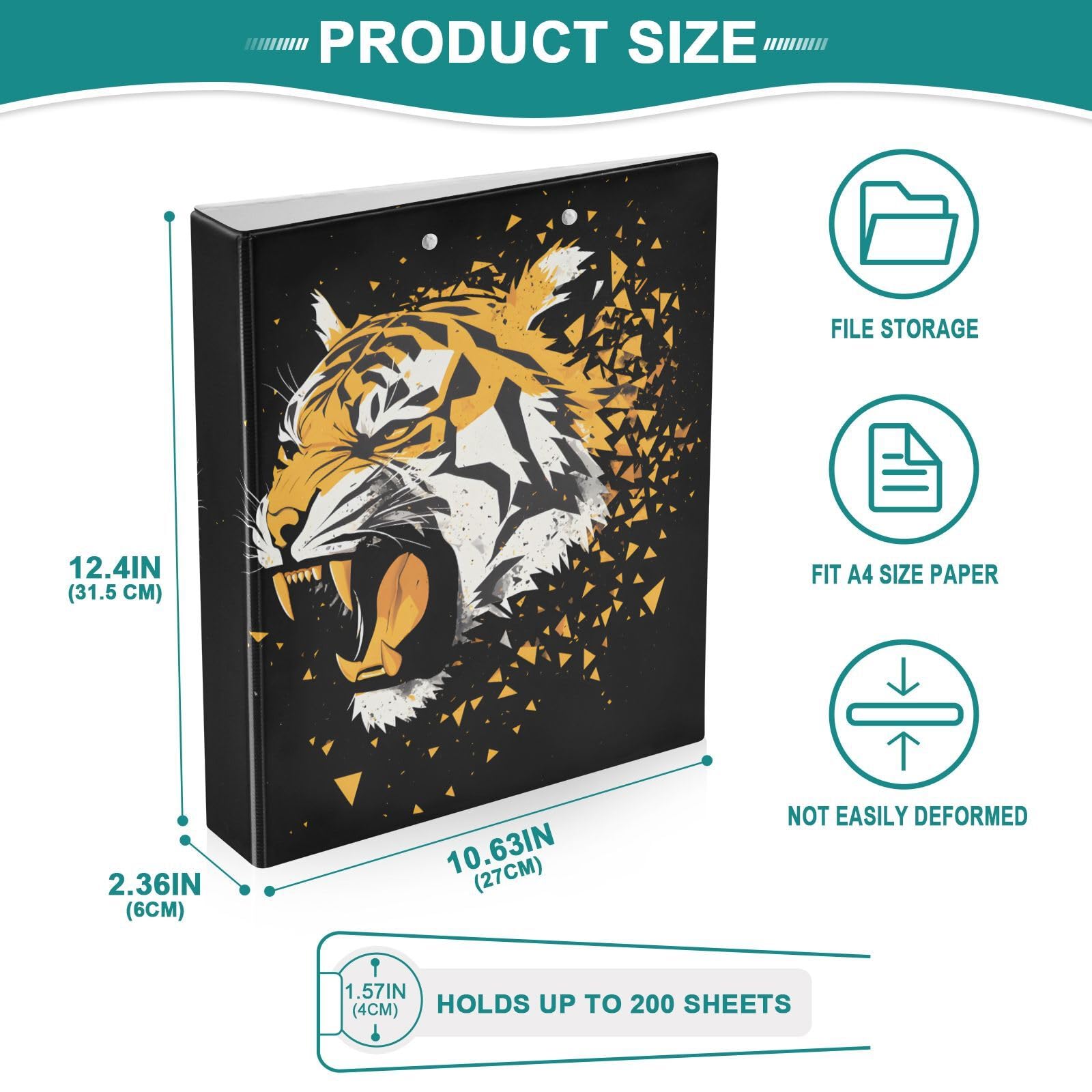 Confezione da 2 raccoglitori a 3 anelli, motivo tigre arrabbiata, 3,8 cm, con 3 tasche trasparenti, portablocco e contiene 200 fogli, per ufficio, scuola, organizzazione domestica