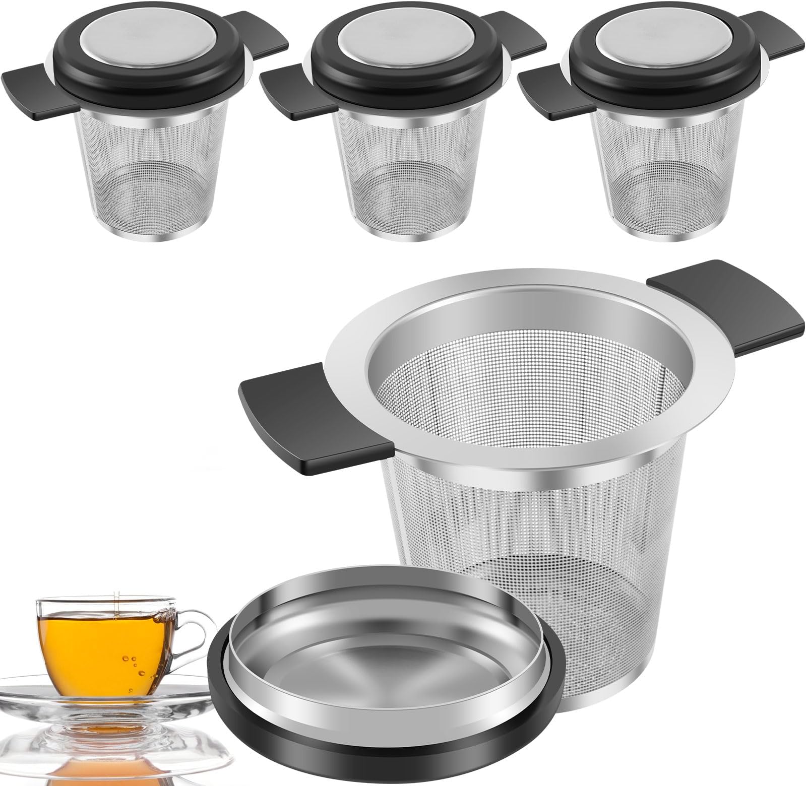 4 Pack Stainless Steel Tea Infuser for Loose Leaf Tea, Extra Fine Mesh Tea Strainer with Silicone Handle & Lid, Large Tea Steeper Basket for Mug Teapot, Dishwasher Safe