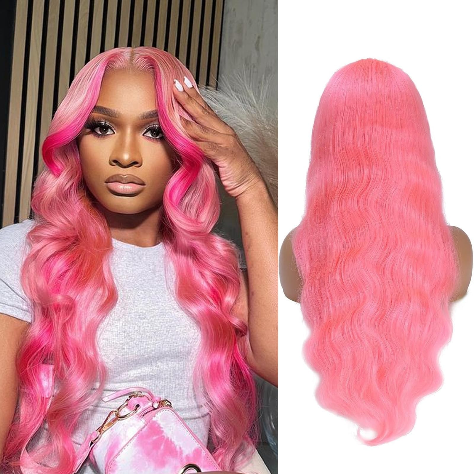 BUGUQI Pink Lace Front Wigs Human Hair Pink Wigs Human Hair Body Curly Human Hair Wig For Women Body Wave Lace Frontal Wigs Human Hair 200% Density HD Transparent Pre Plucked (Pink, 20 Inch)