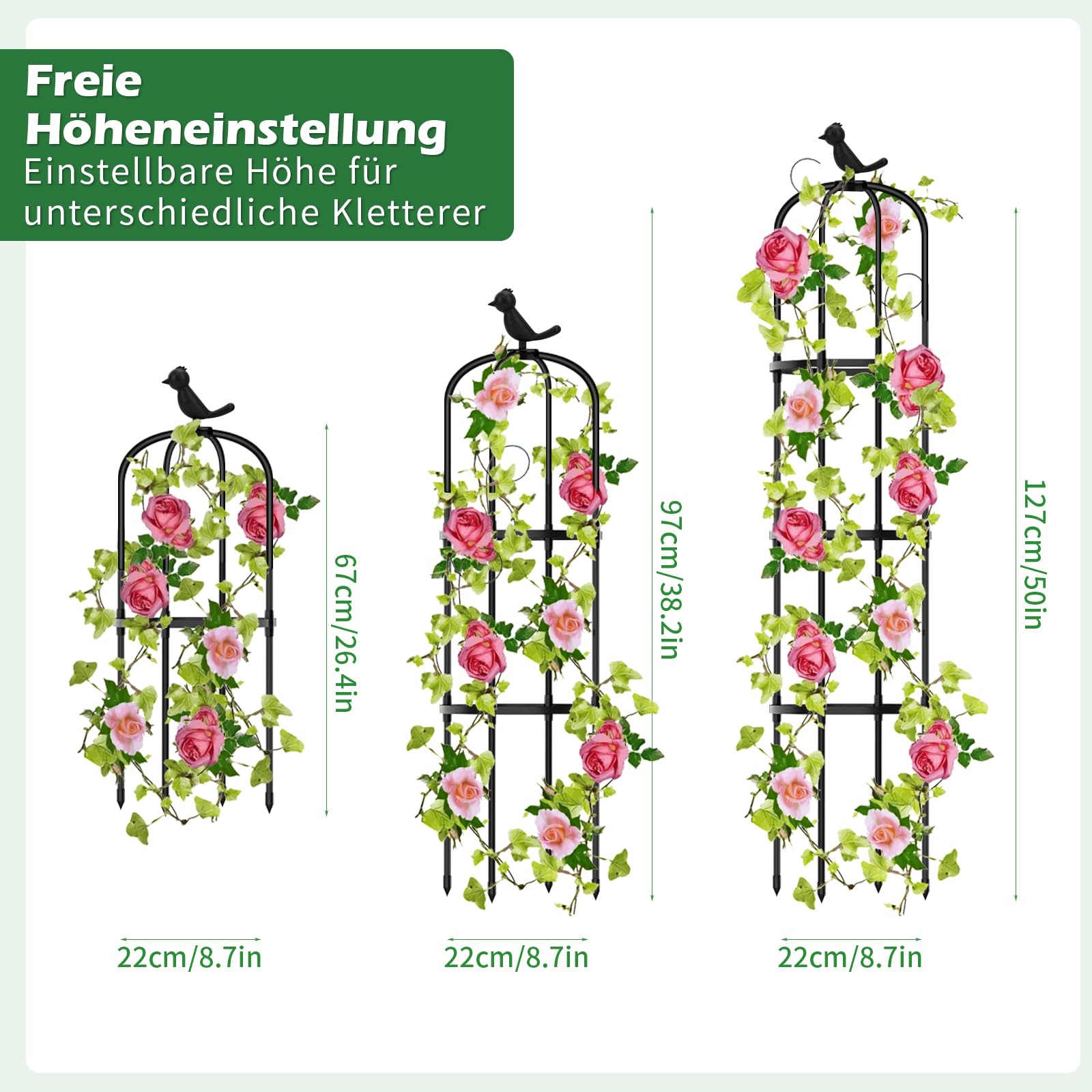 Hysagtek Rankhilfe Garten,145cm Obelisk Rankhilfe Brombeeren für Pflanzen Rankhilfe Rosen,Abnehmbar Glasfaser Rankturm mit 20 Stück Pflanzenklammer für Rosen Blumen und Tomaten Kletterpflanzen