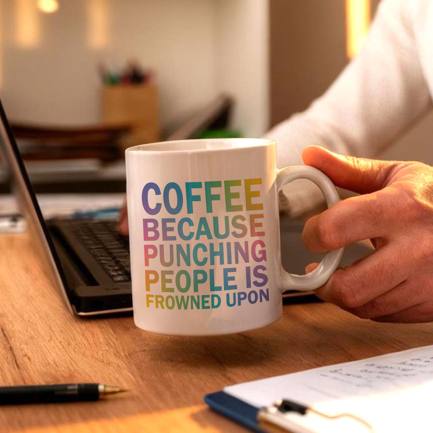 Funny Sarcastic Coffee Mug, Coffee Because Punching People is Frowned Upon, 11oz Ceramic Mugs Tea Cup, Humor Office Gifts for Women Men Employee, Christmas Gifts for Boss Colleague Friend - Image 6