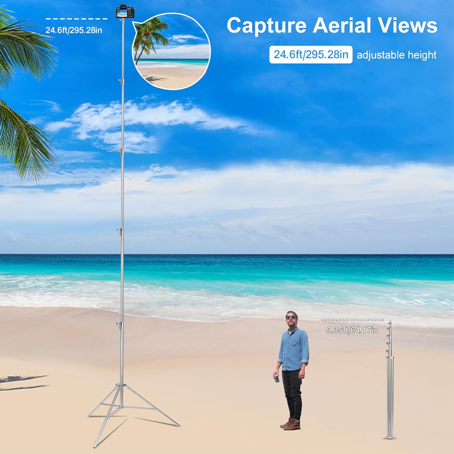 24ft Tall Telescoping Camera Tripod Stand, Heavy Duty Stainless Steel with 3 Guy Wires & 1/4" 3/8" Screw Adapter for Aerial/Sports/Hunting Photography