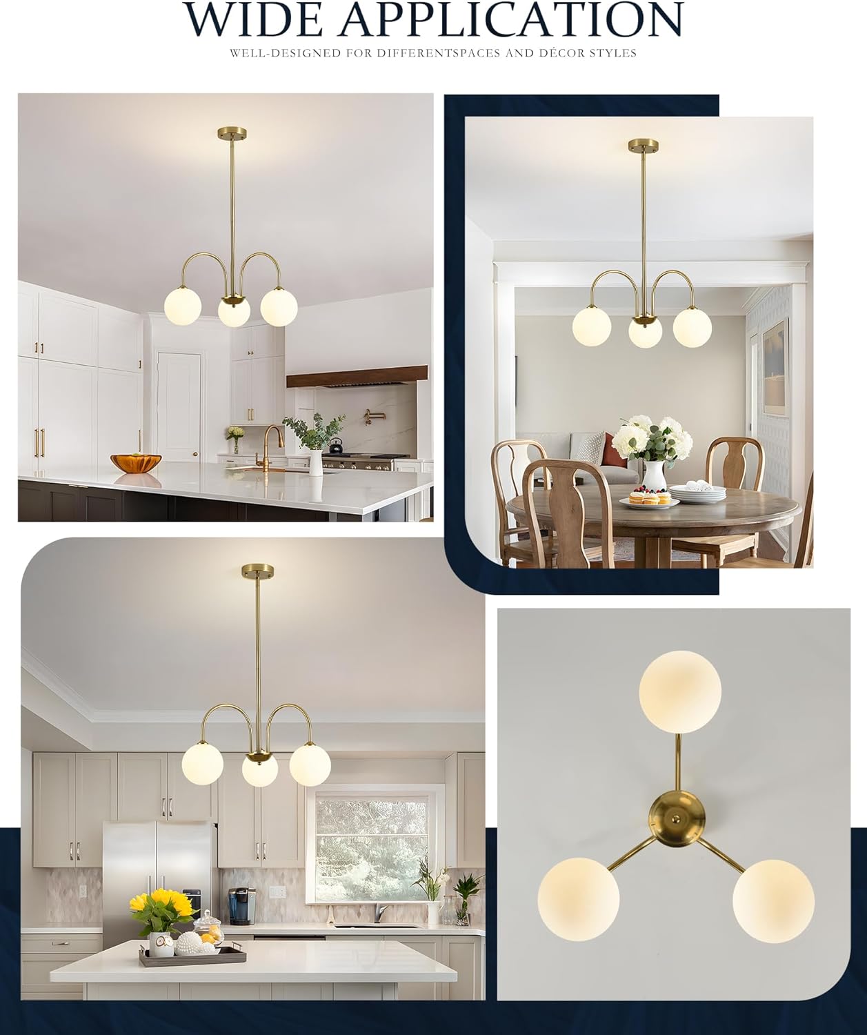 Gold Sputnik Chandelier, 3 Light Mid Century Modern Chandeliers, Dining Room Chandeliers with Milk Glass Globe Shade, Globe Chandelier for Dining Room, Living Room, Bedroom, Foyer, Kitchen