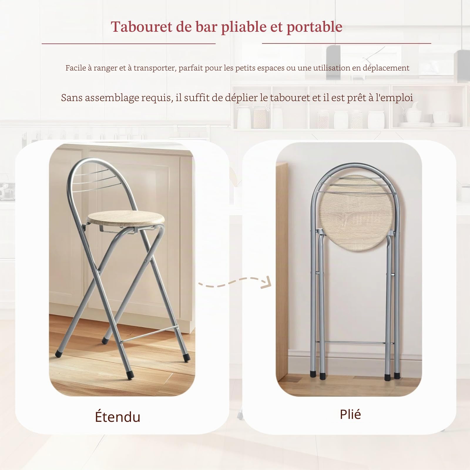 Tabouret de Bar Pliant, Tabouret Pliant Portable Chaise de Bar Pliante avec Dossier Tabouret Pliable pour Bistro Cuisine Terrasse Extérieure, Hauteur d'assise 61 cm, Chêne et Argent