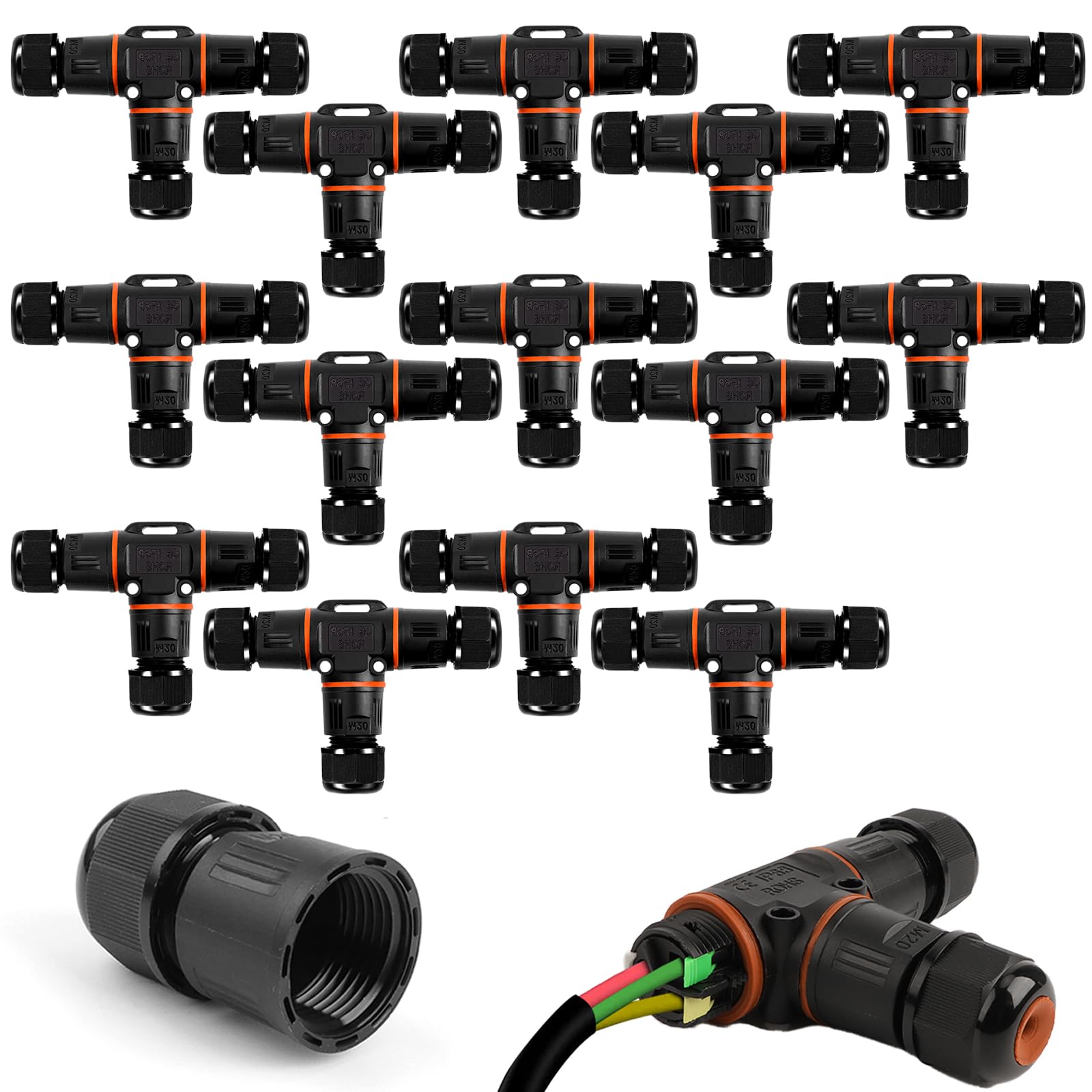 14 connettori per cavi, impermeabili IP68, a forma di T, connettore per cavi, impermeabile, a 3 poli, manicotto di collegamento per cavo con diametro di 3-12 mm, in acrilonitrile butadiene stirene
