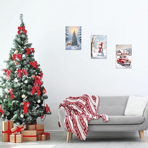 Miniatura 3 de Arte de pared de Navidad, 3 piezas, muñeco de nieve, reno, árbol de granero rojo, póster de automóvil, impresión en lienzo, cuadros vintage de Año