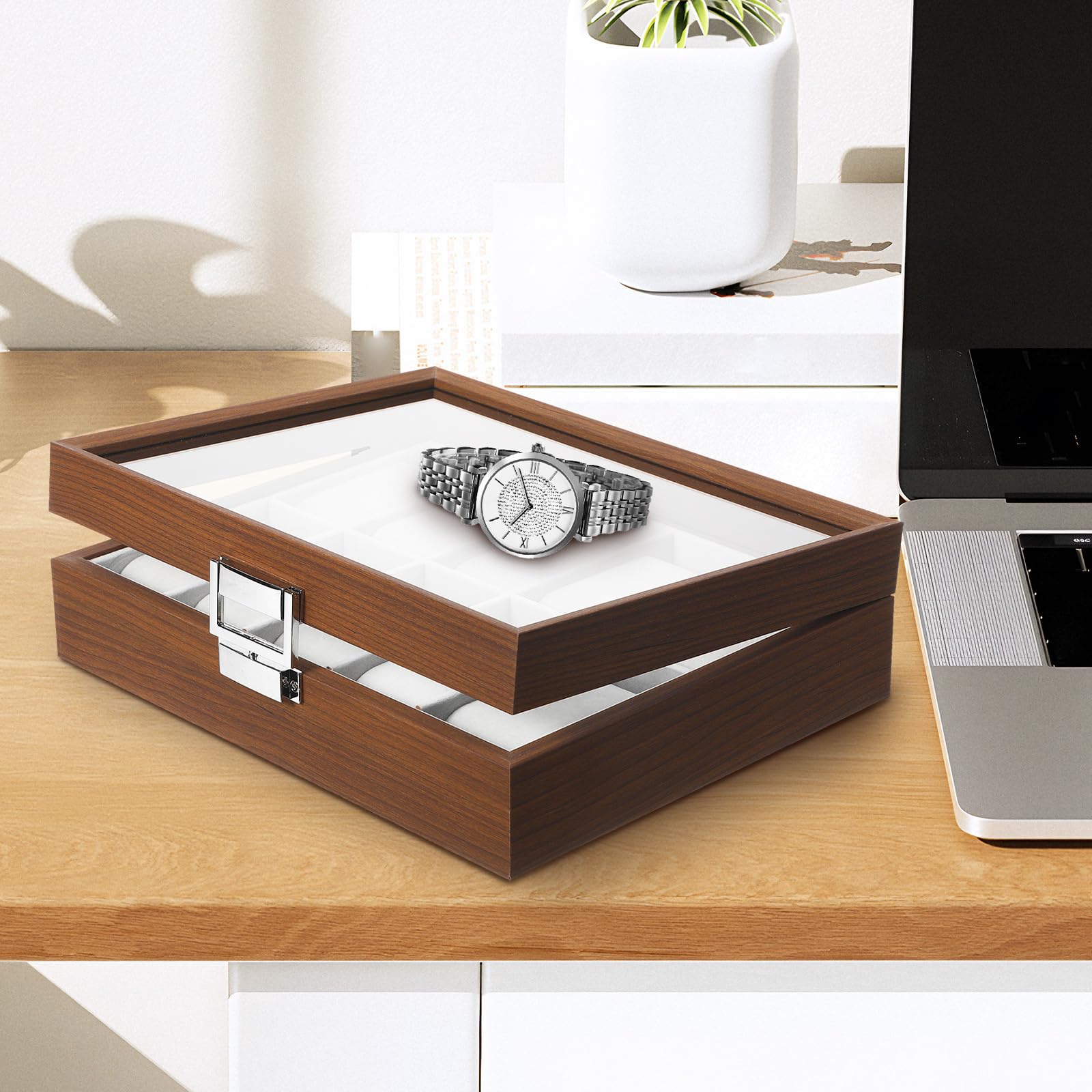 Angoily Caja para Relojes de Madera con Ventana Transparente y Terciopelo, Organizador Vintage para Coleccionistas y Entusiastas de Relojes con Capacidad