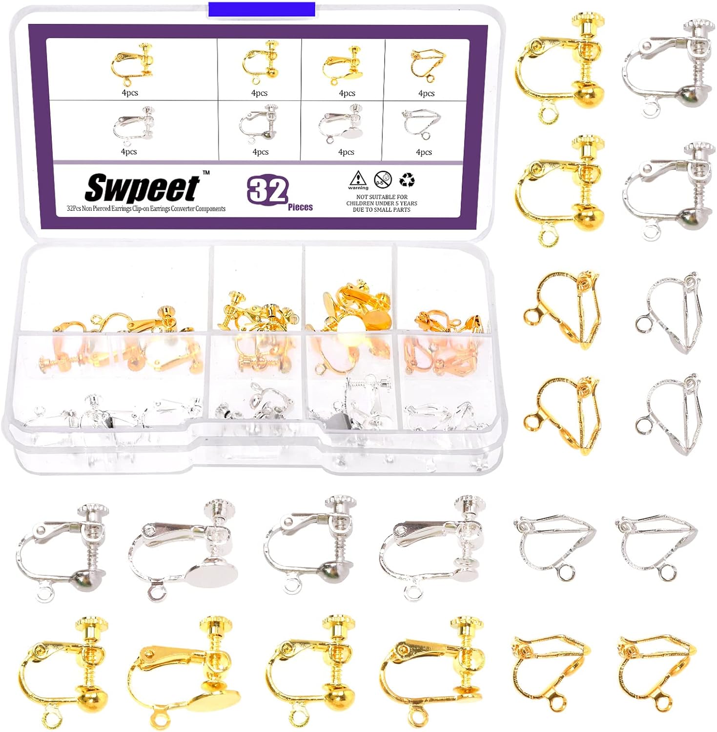 Swpeet 32Pcs 4 Styles 2 Color Non Pierced Earrings Clipon