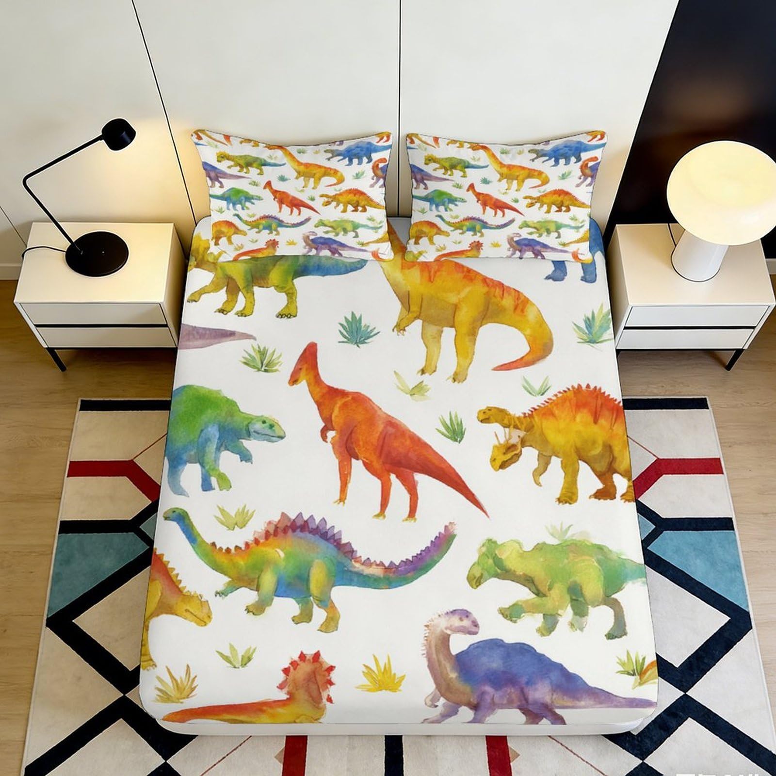 3D Printed Dinosaur Fitted Sheet Microfiber Colourful Kids Bed Cover Mattress Cover for Bedroom, Dorm, Guest Room 90x200x25cm