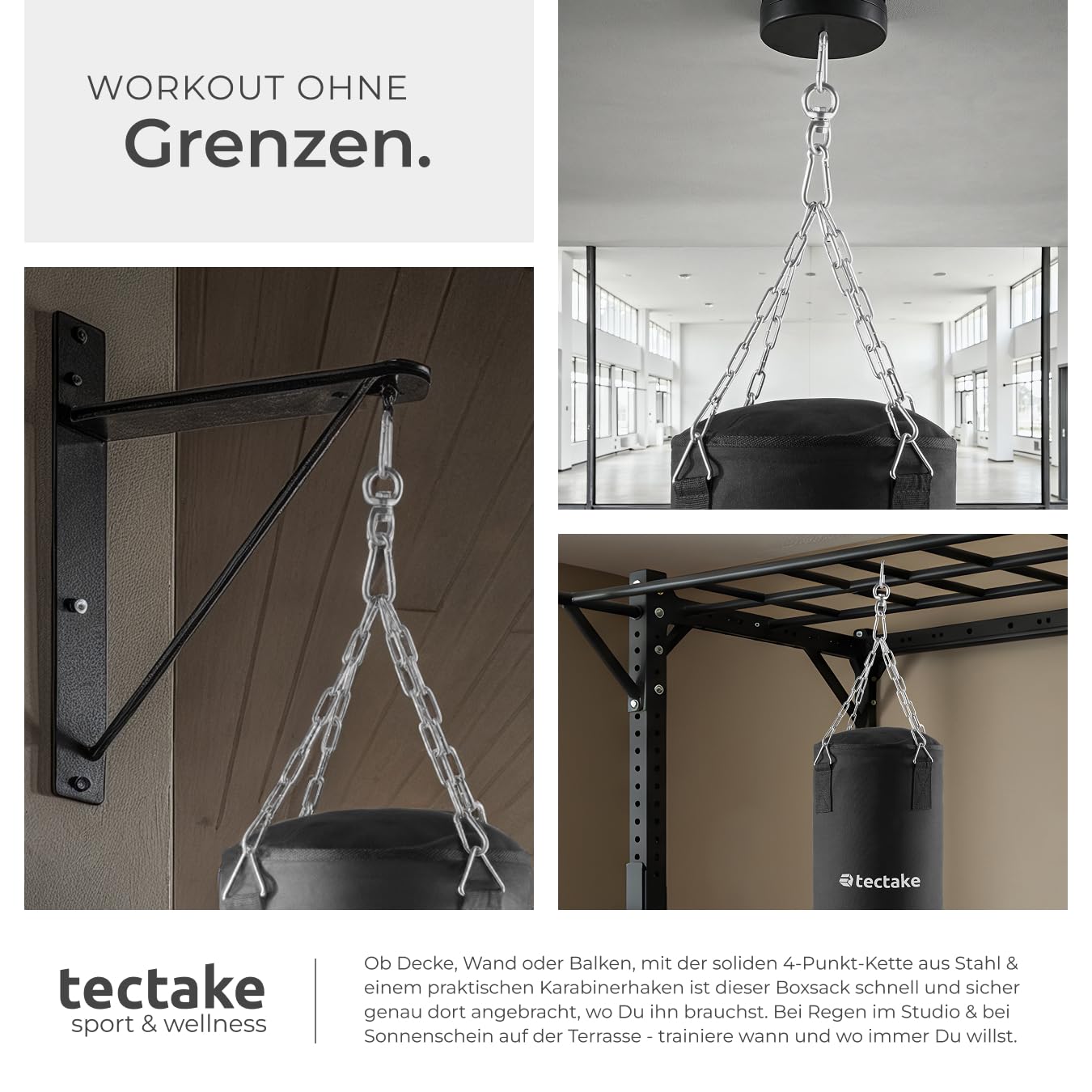 tectake® Boxsack für Zuhause, Sandsack gefüllt mit 25 kg, inkl. Boxsack Halterung 4-Punkt Stahlkette, Befestigungshaken und Drehwirbel, Fitnessgeräte für Zuhause, für Boxsport, Workout, 28 x 140 cm