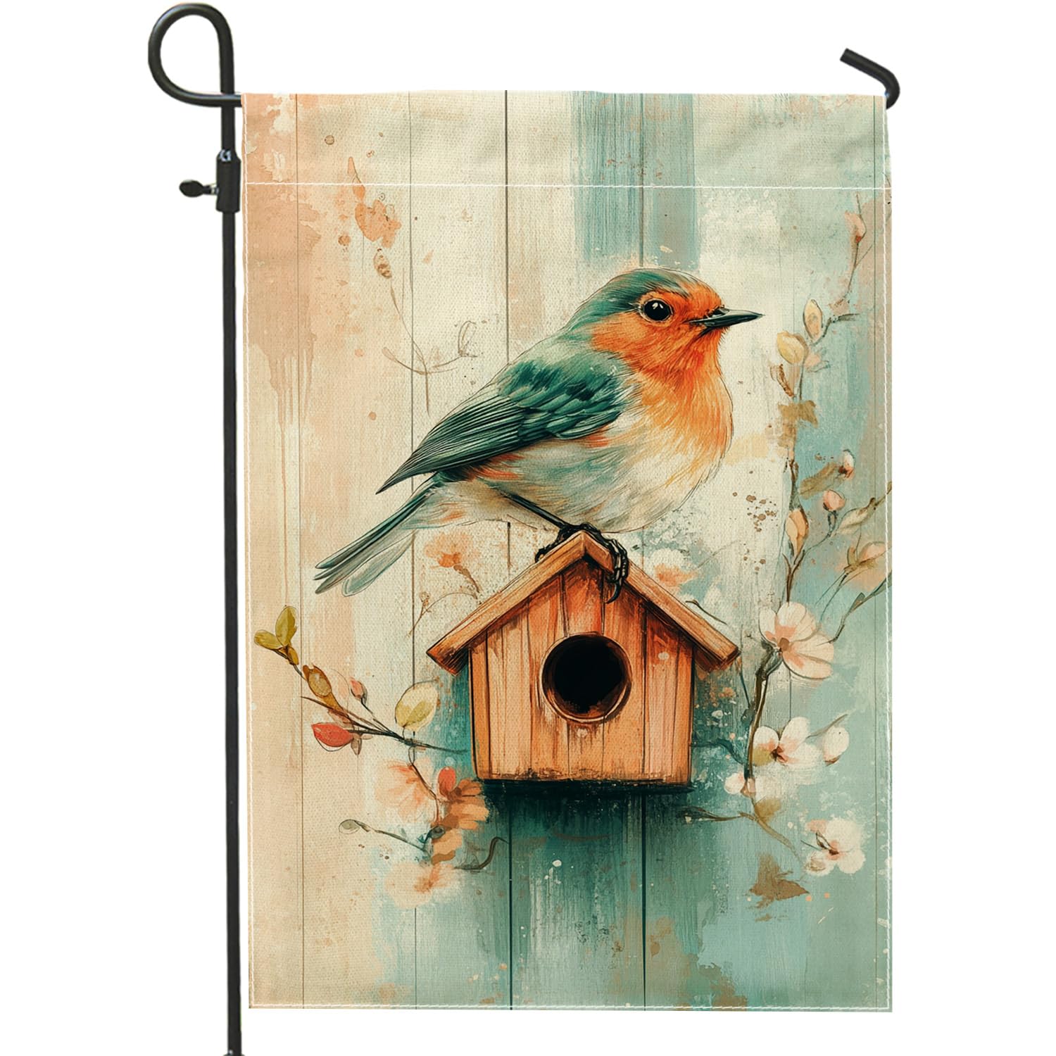 Spring Birdhouse Garden Flag, Colorful Robin Bird Decor Outdoor Flags, Double Sided Painting Home Lawn Decoration 12x18 Inch