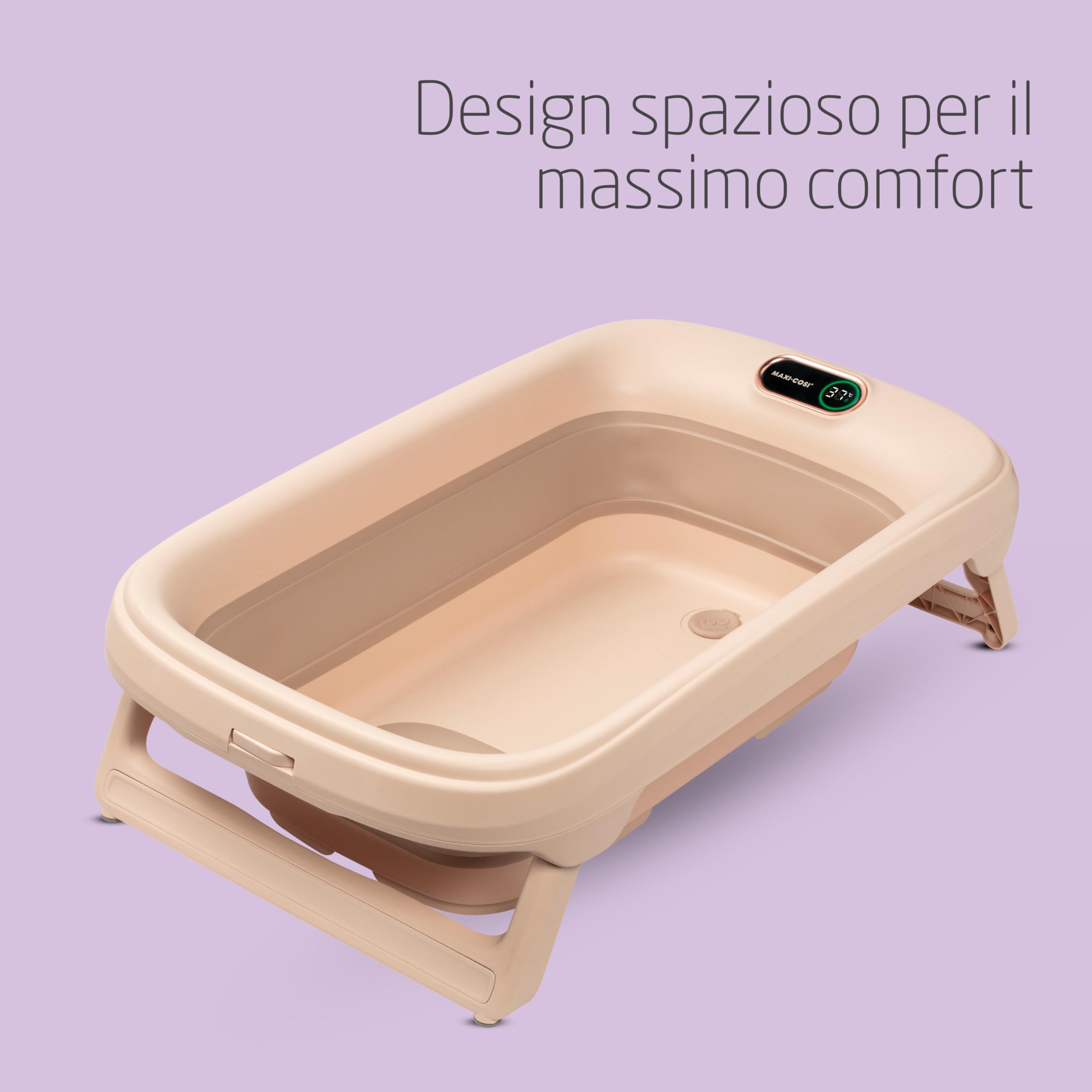 Maxi-Cosi Indigo Vaschetta Bagnetto Neonato Pieghevole, Bagnetto Bambini 0-4 Anni, Termometro HighSense Integrato, Anti-scivolo, Vaschetta Bagnetto Neonato da Viaggio, Chiusura Compatta, Muted Terra