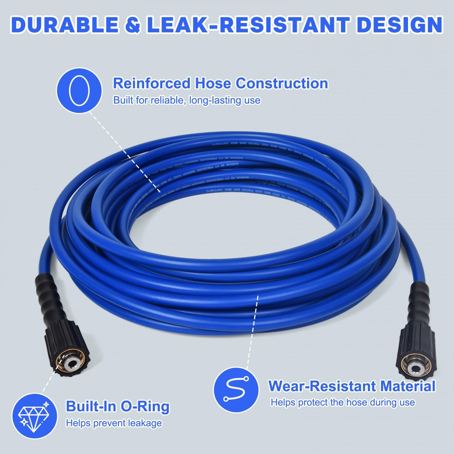 Pressure Washer Hose 50 FT 1/4" ID, Kink Resistant Power Washer Hose with M22 Fittings, Rated up to 3200 PSI