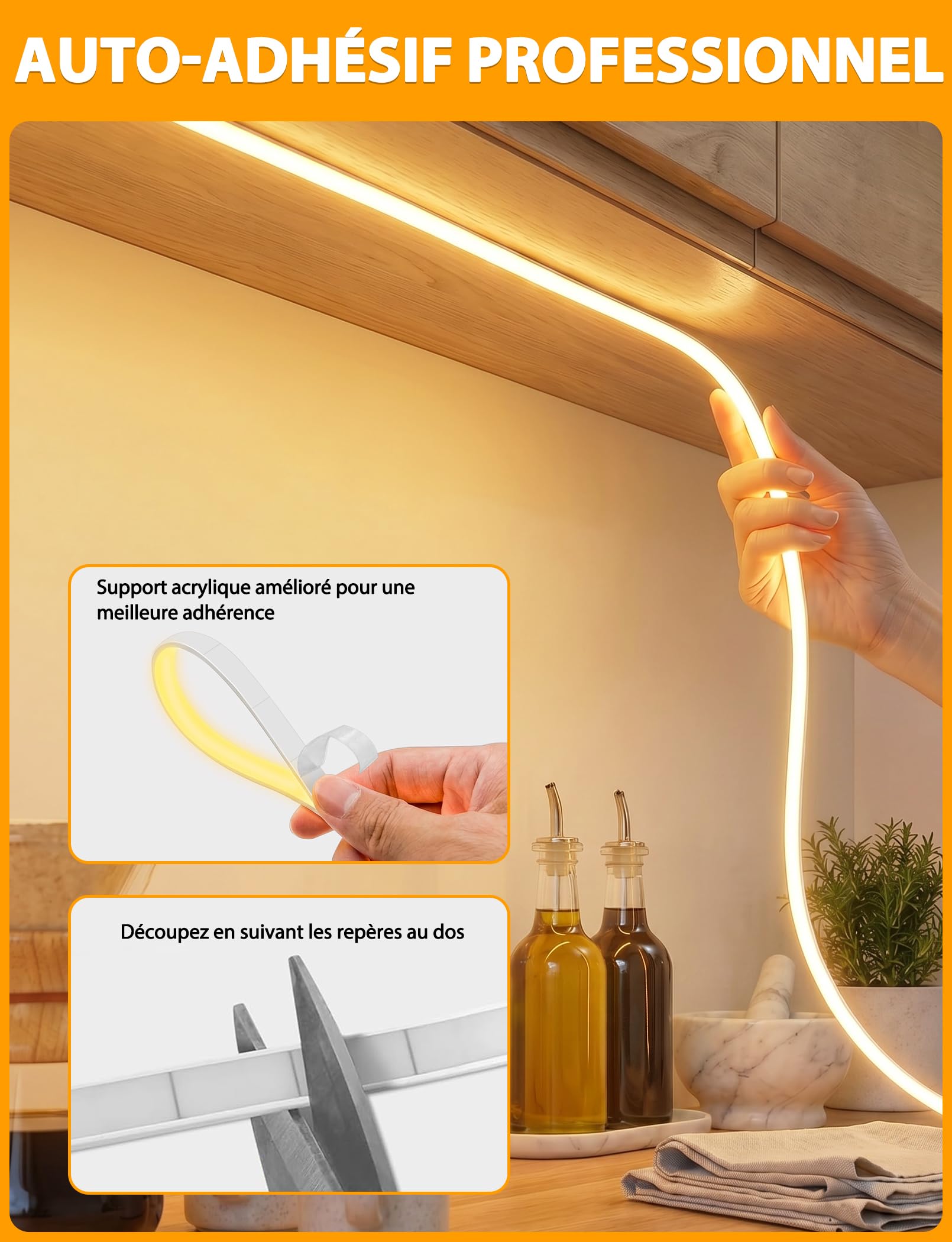 Lamomo Ruban LED COB, Blanc chaud 3M Bandeau Led avec télécommande, 3000K, Largeur 10mm, Dimmable, Silicone, Découpable, IP65 étanche, Flexible, 24V Néon Strip pour Décoration maison, Cuisine, Chambre