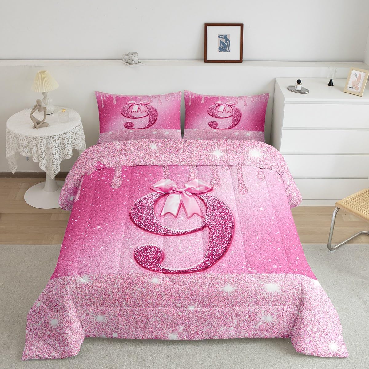 jejeloiu Pink Glitter Bow Bedding Set for Boys Girls,First Birthday Pink Number 9 Comforter Set Twin Size One Year Old Duvet Quilt Anniversary Decor Personalized Number 9 2 Pcs with 1 Pillow Cases