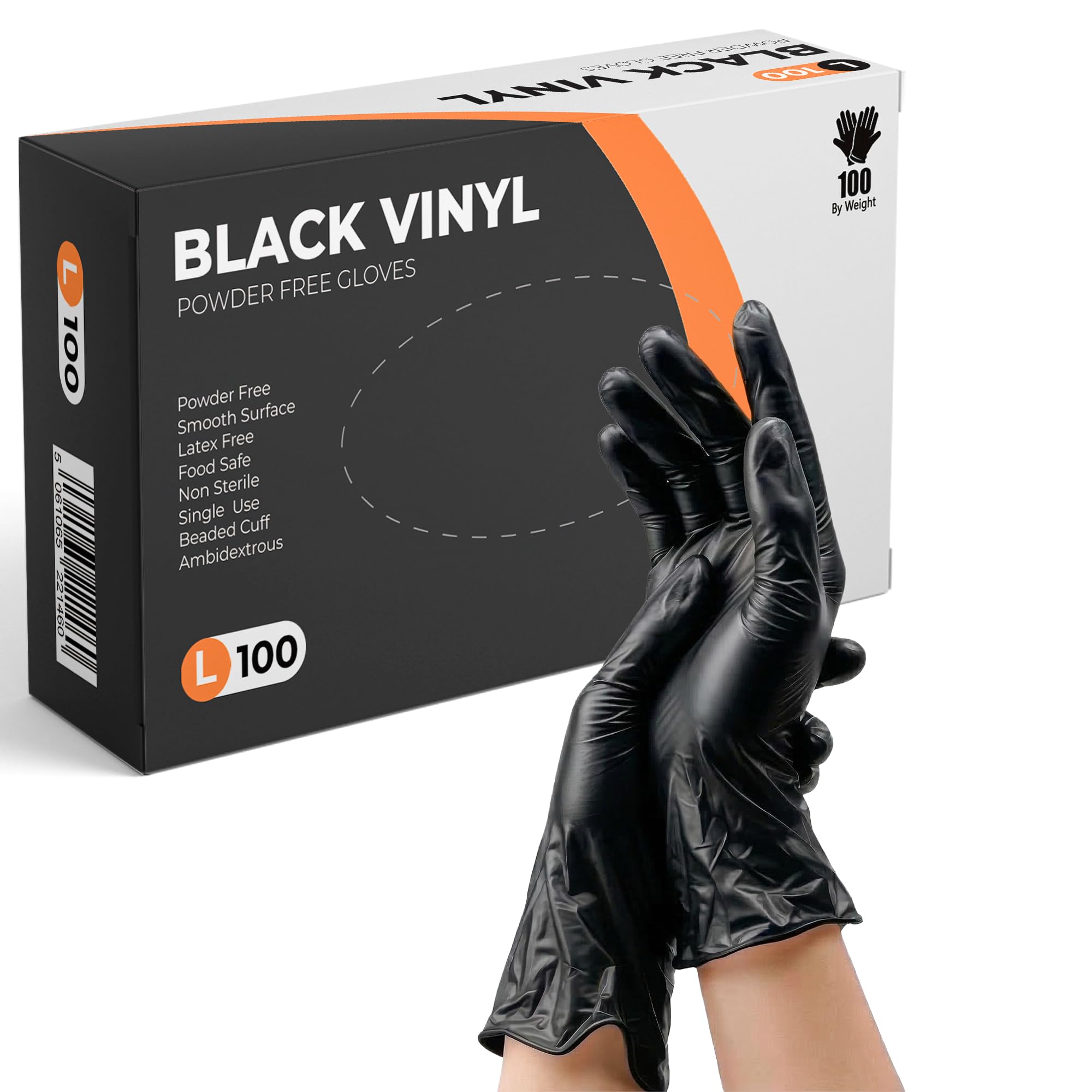 PRAIMA Black Vinyl Gloves, 100 Count, Powder Free & Latex Free, Multi-Purpose Black Disposable Gloves for Food Handling, Cooking, Cleaning & Medical Use (L, 100)
