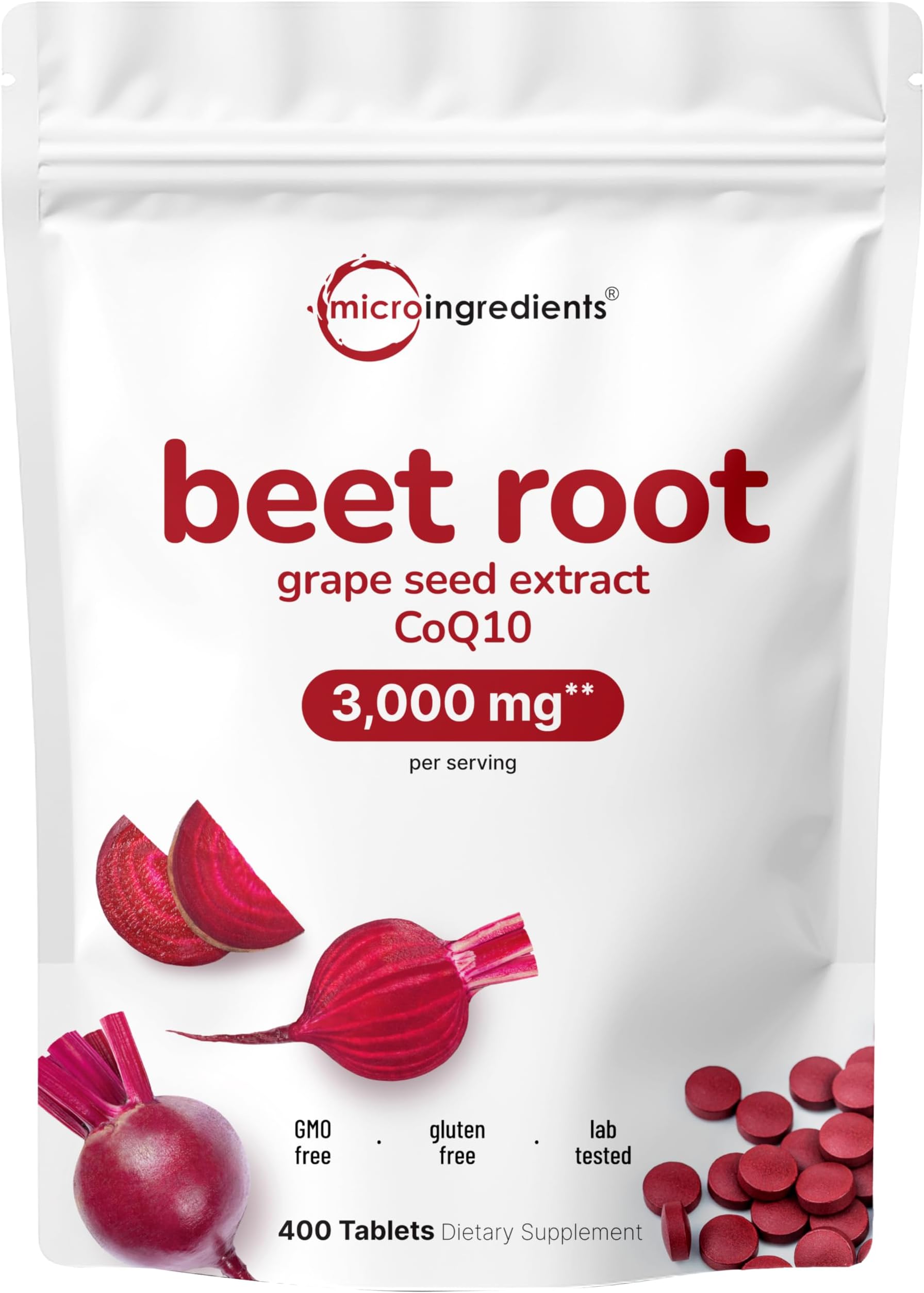 Micro Ingredients Beet Root 3,000mg with Grape Seed Extract & CoQ10, 400 Tablets | 200 Servings | Super Beets Supplements from Fresh Beetroot Extract