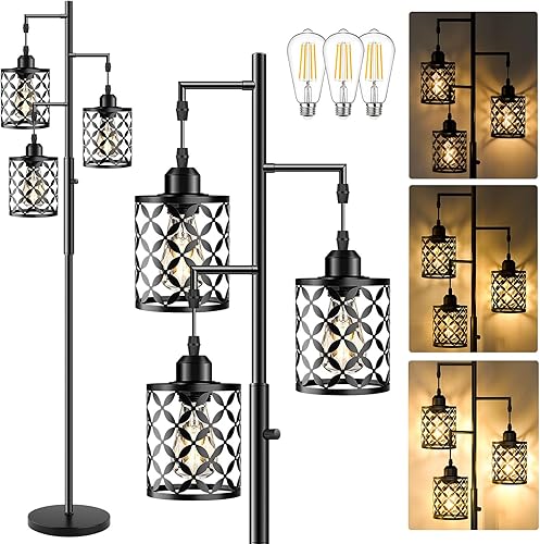 Miniatura 1 de Lámpara de pie regulable de 68 pulgadas, lámpara de pie de granja con elegante jaula de metal, lámparas de pie industriales de árbol alto para sala