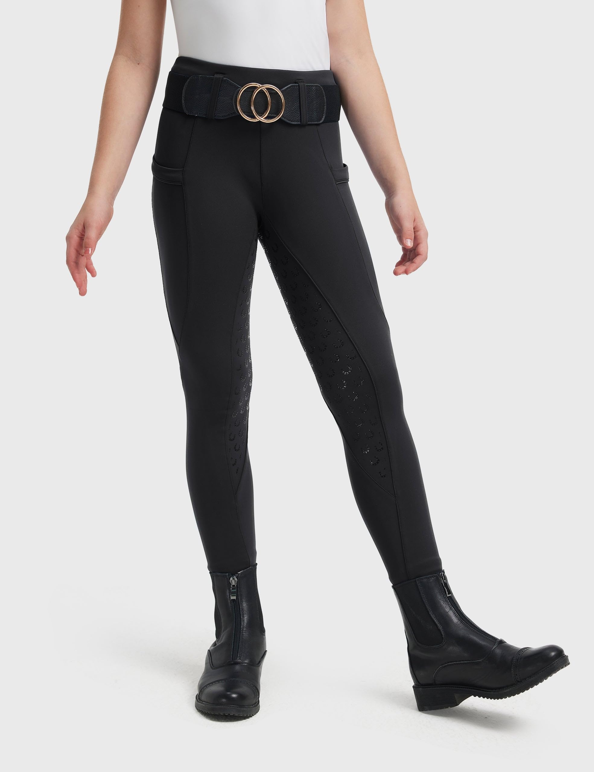 FitsT4 Sports Reithose Mädchen Kinder Silikon Vollbesatz Reitleggings Reiten Hosen Elastische Reiterhosen mit 2 Seitlichen Taschen und Gürtelschlaufen