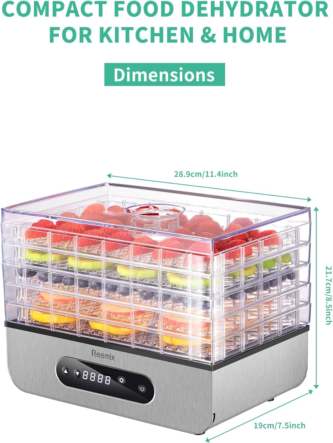 Reemix Food Dehydrator with dimensions labeled: 11.4 inches wide, 7.5 inches deep, 8.5 inches high