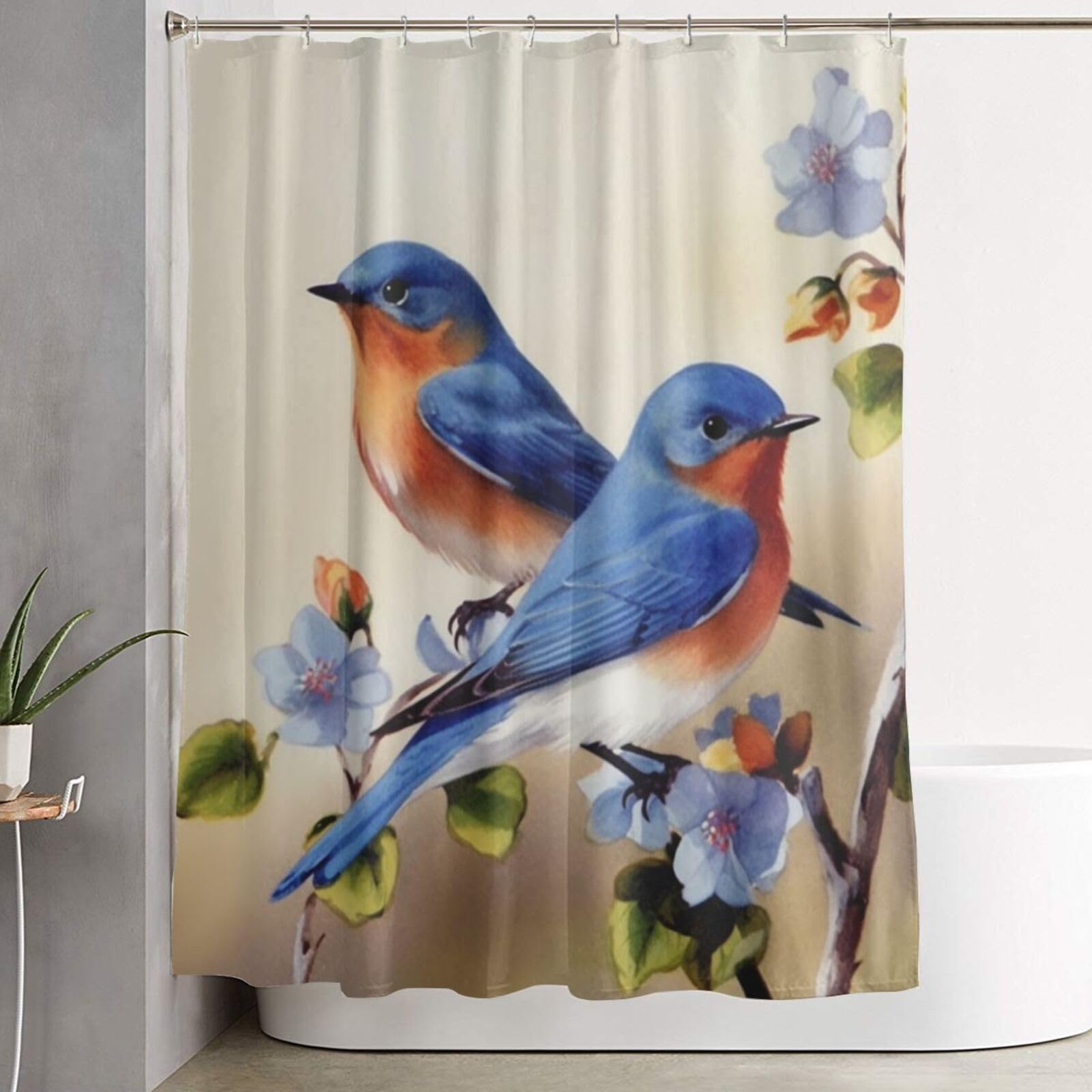 Rideau de douche imperméable avec 12 crochets motif oiseaux bleus 182x152 cm
