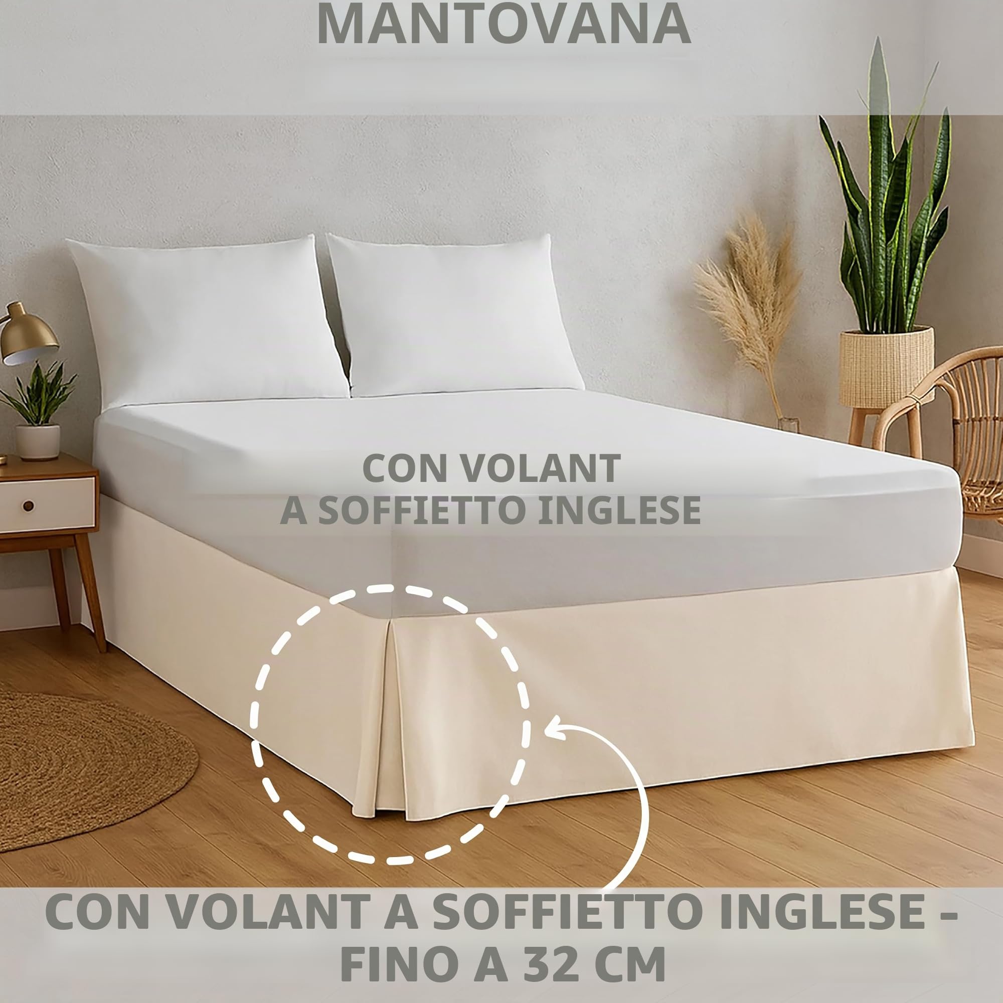 EasyCosy – Mantovana Giroletto Letto Matrimoniale 180x200 cm – Modello ATENEA con Volant Lungo +32 cm – Coprirete e Rivestimento per Letto Contenitore – Colore Grezzo