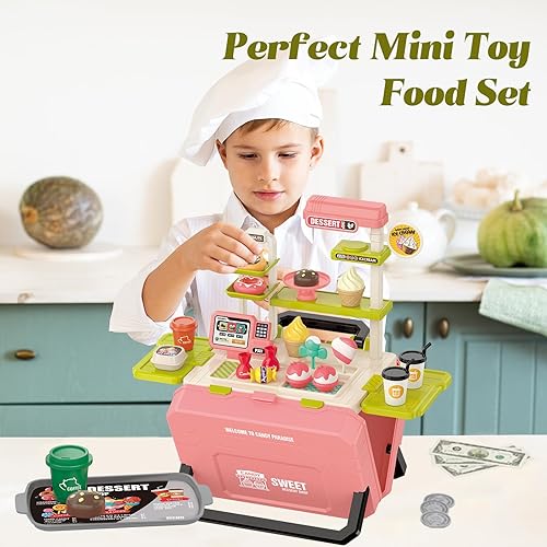 Miniatura 7 de Juguetes divertidos para niños, juego portátil de postre para niños de 3 a 8 años, juguete realista de cocina al aire libre con 45 piezas, juego de