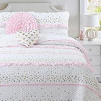 Vista 14 de Juego de ropa de cama reversible de 100% algodón con volantes color rosa claro, azul (caramelo, individual, 2 piezas)