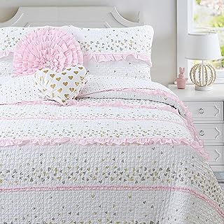 Cozy Line Home Fashions Pink Ruffle Metallic Printed Sweet Heart Polka Dot Girl Cotton Reversible Quilt Bedding Set, Coverlet, Bedspreads (Sparkling Hearts, Queen - 3 Piece)