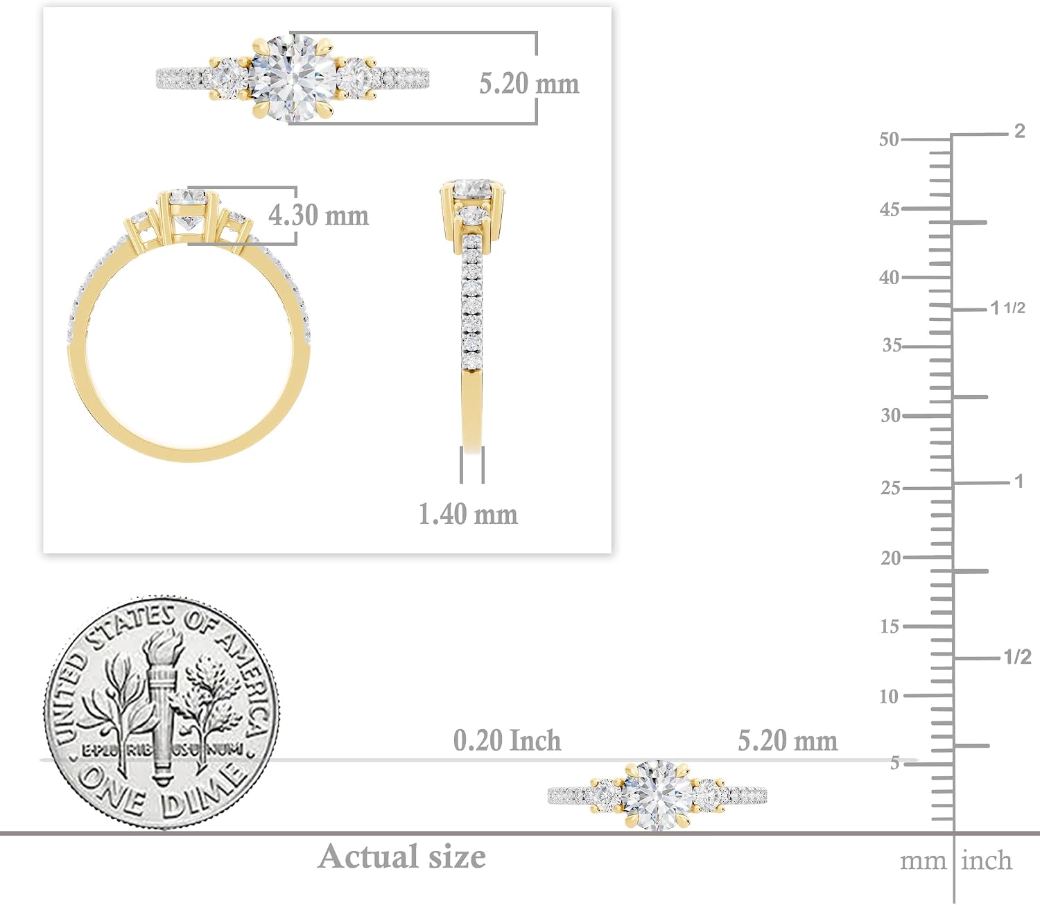 Round Lab Grown White Diamond Classic Three Stone Engagement Ring for Women in 10K Solid Gold