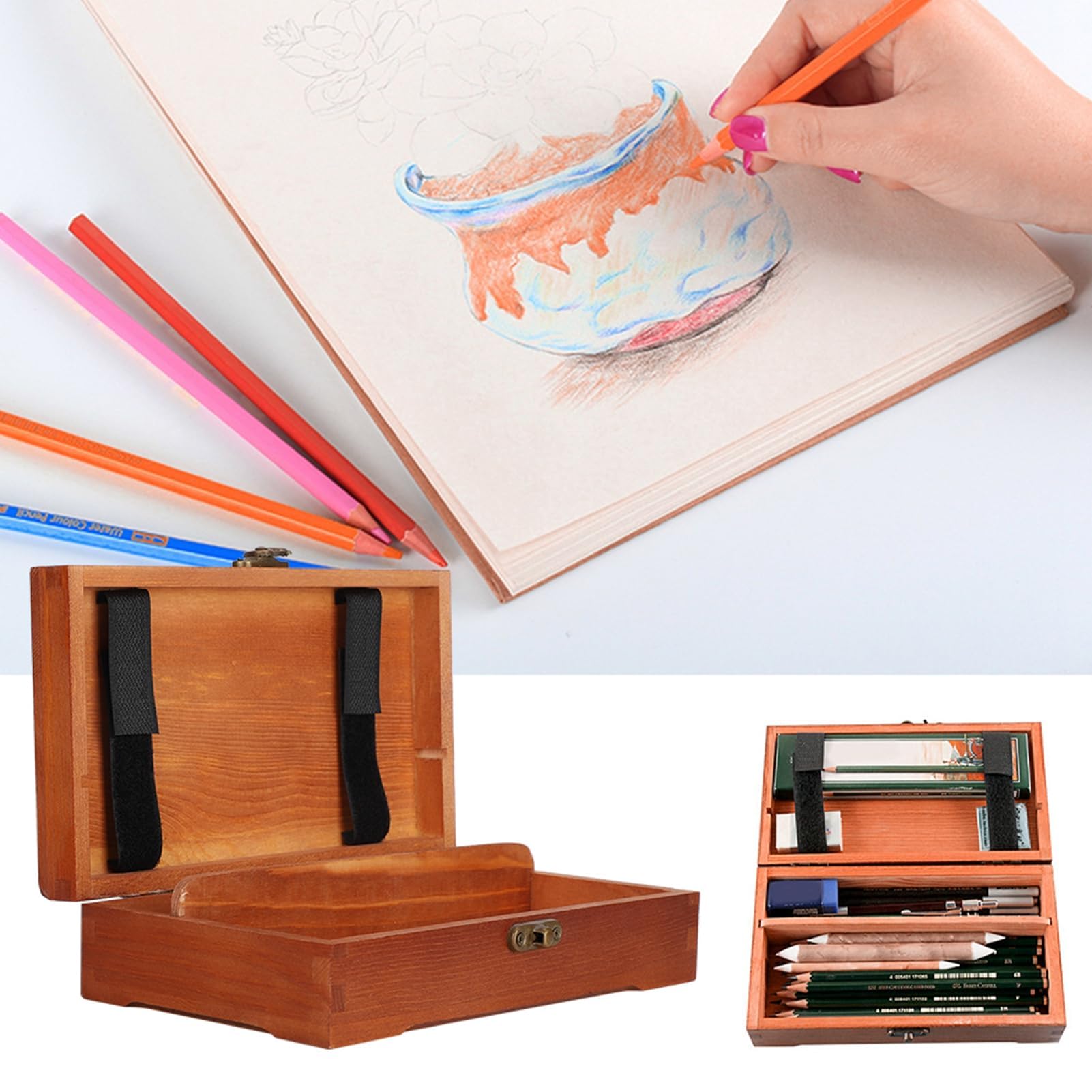 US Art Supply Petite boîte de rangement pour outils et pinceaux en bois de hêtre avec fermoir de verrouillage