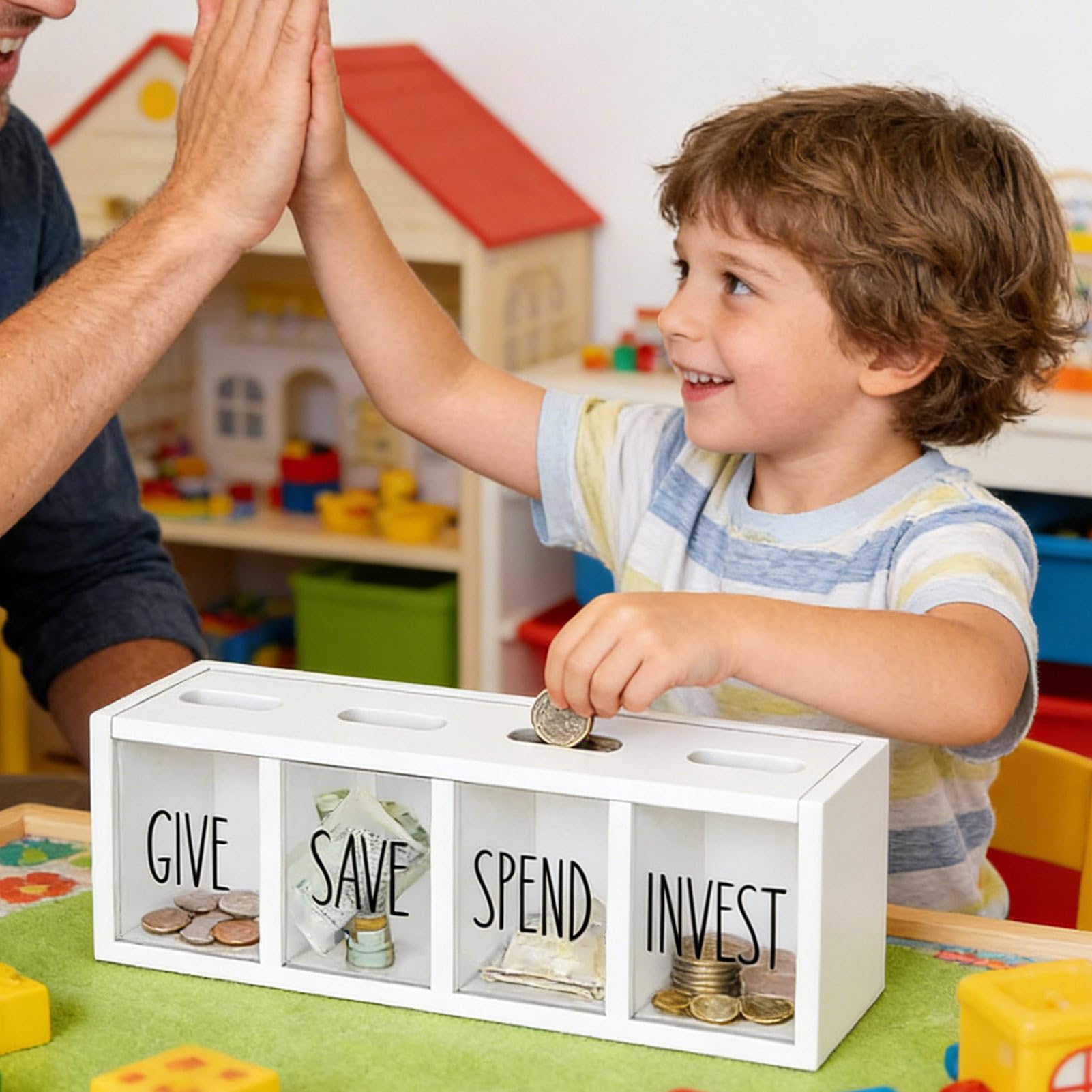 Bambino - Contenitore trasparente da fissare a parete con 4 scomparti, scatola per soldi divertente per i soldi per ragazzi e ragazze, casa, camera da letto, soggiorno, camera da letto, ufficio