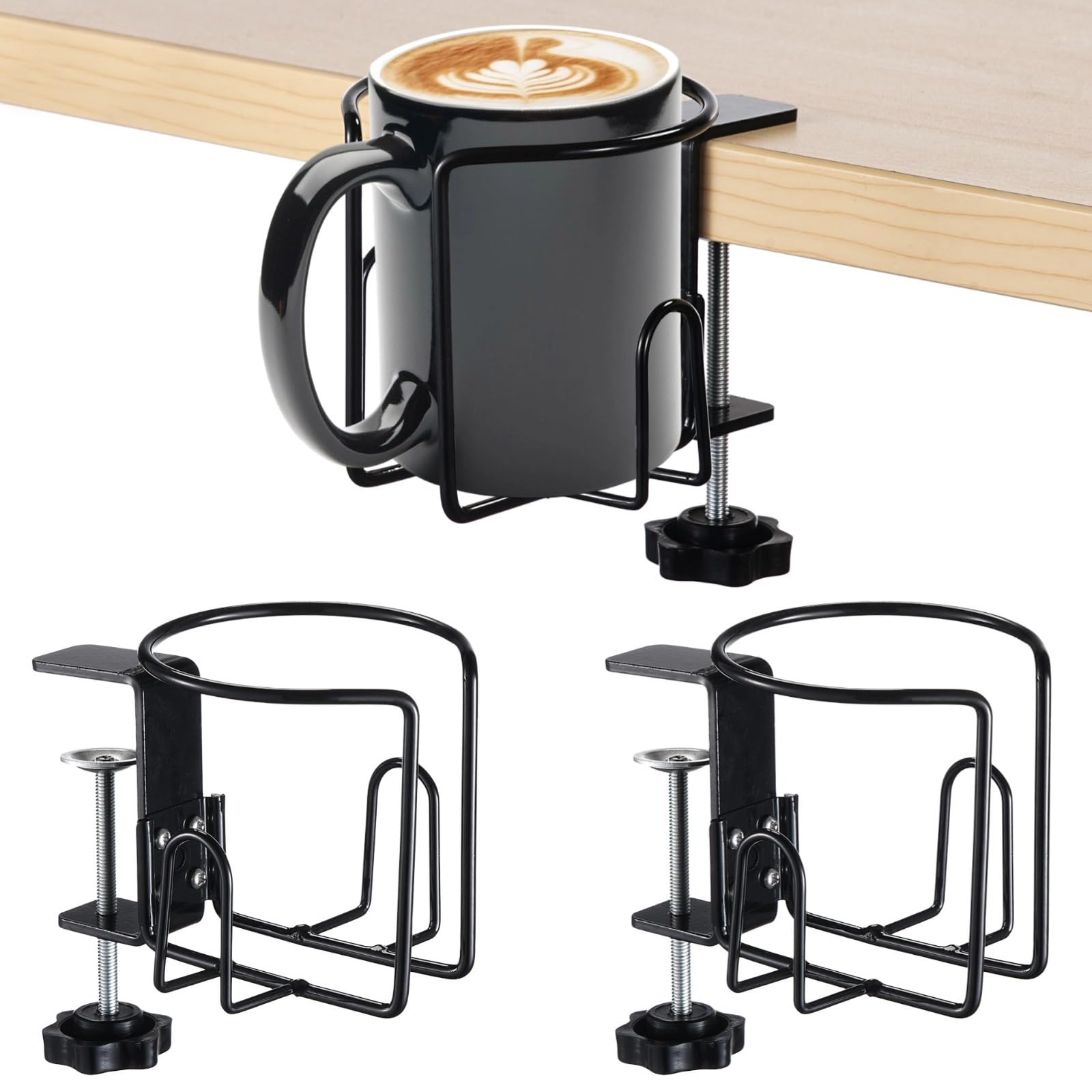 Juego de 3 portavasos de escritorio, soportes de bebida con abrazadera ajustable para escritorios, mesas y sillas de ruedas, diseño antiderrames para montaje vertical u horizontal