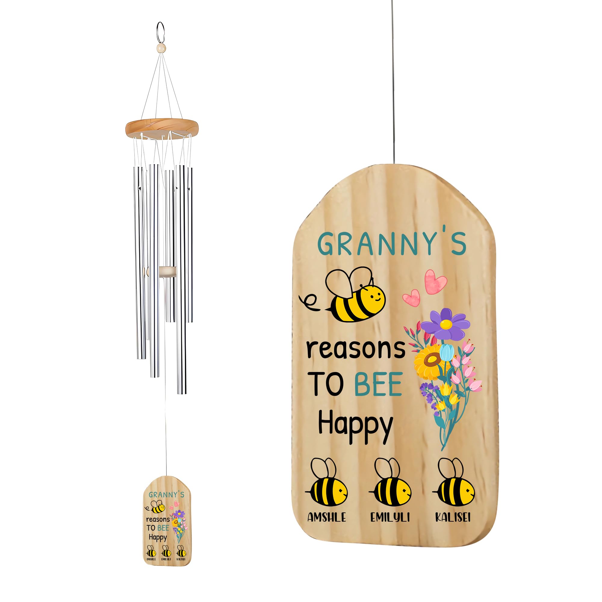 Granny's Reasons To Bee Happy Wind Chimes,Personalized Custom Wind Chime with Kids Name,Mothers Day Birthday Gifts for Grandma Granny