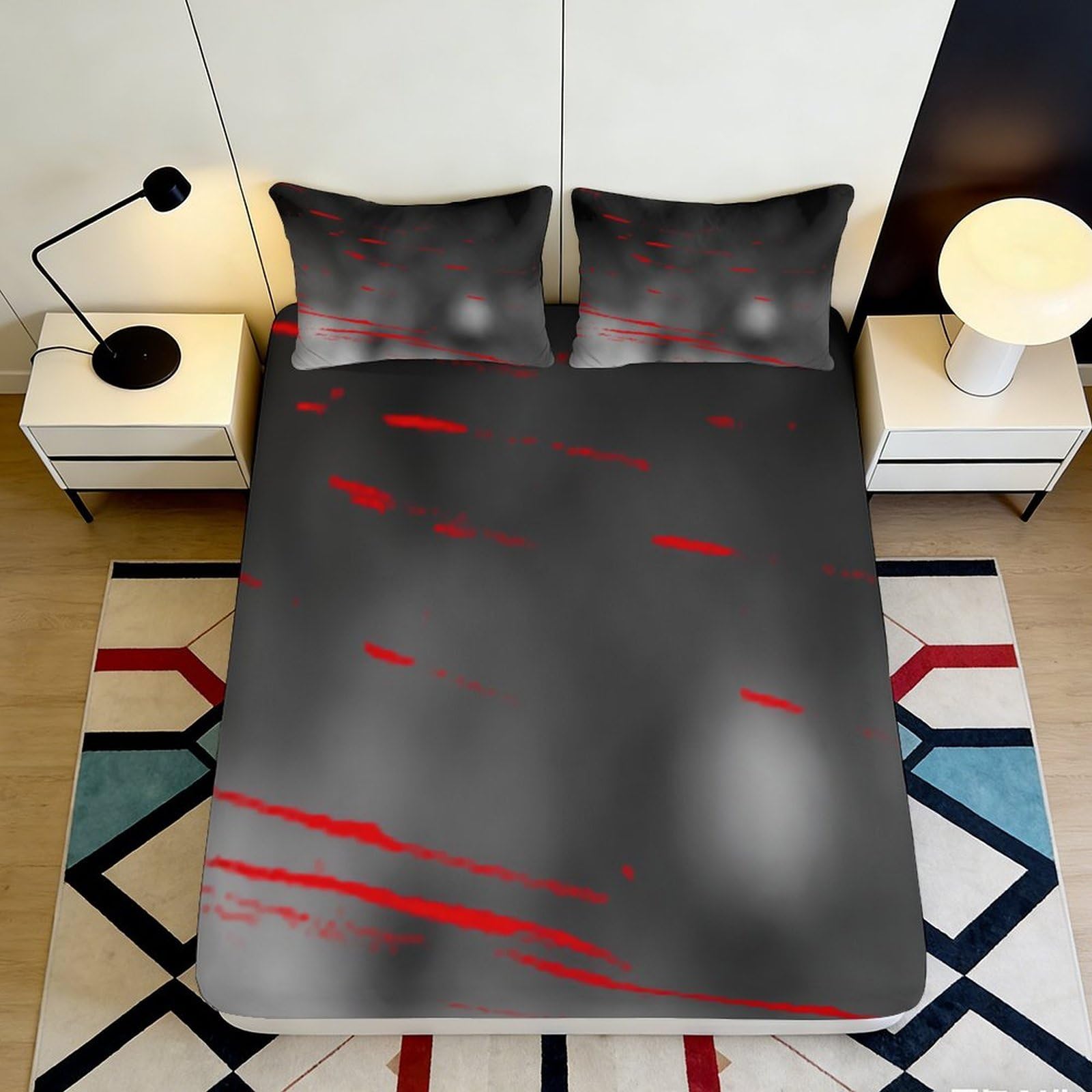 3D Printed Abstract Black Grey Fitted Sheet Microfiber Soft Breathable Red Streaks Bed Cover Bedroom Dorm Décor 90x200x25cm