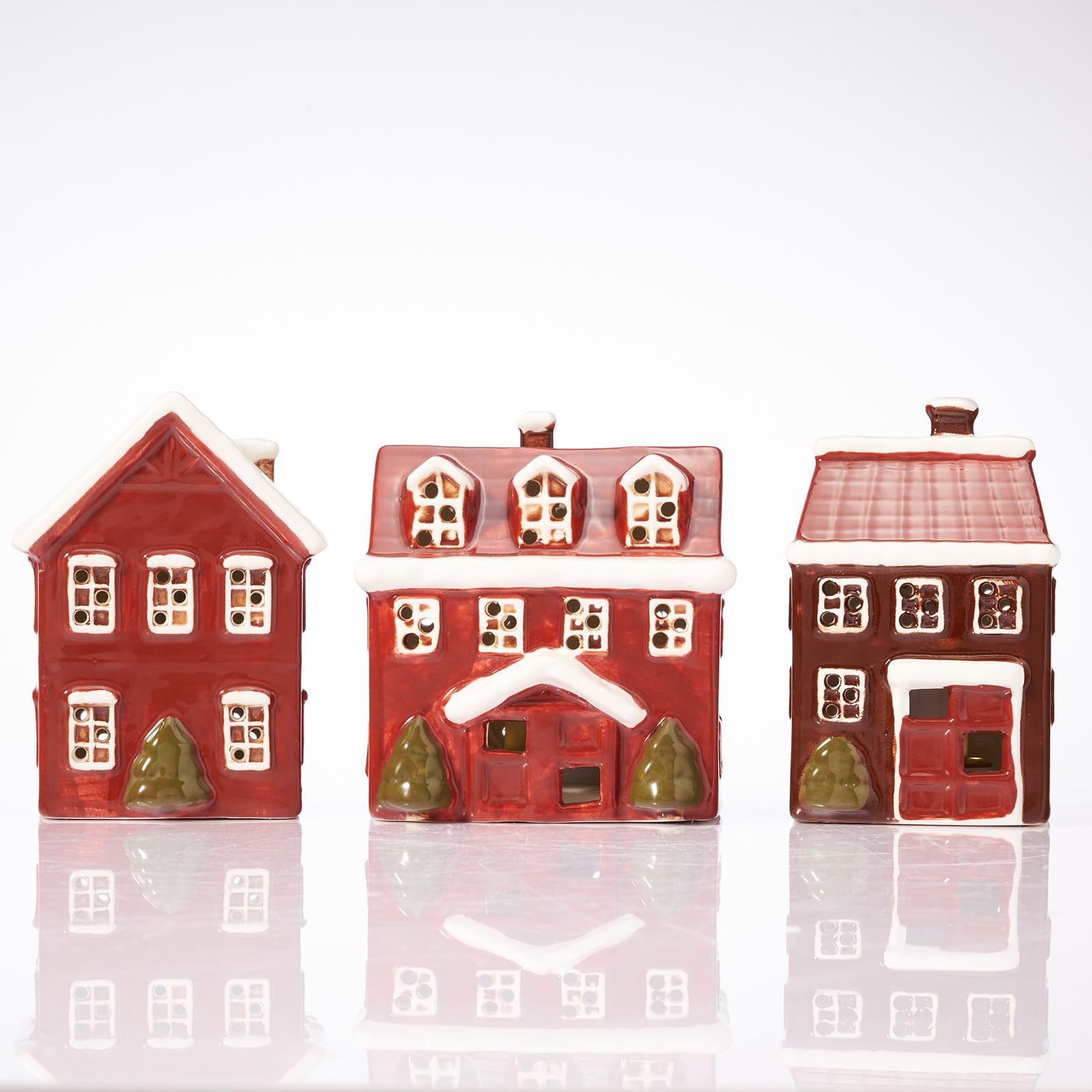 WDS WONDROUS Décorations de Noël – Lot de 3 maisons de village de Noël lumineuses en céramique peintes à la main, maisons de Noël d'intérieur rouges et blanches pour maison, table, chambre, ferme